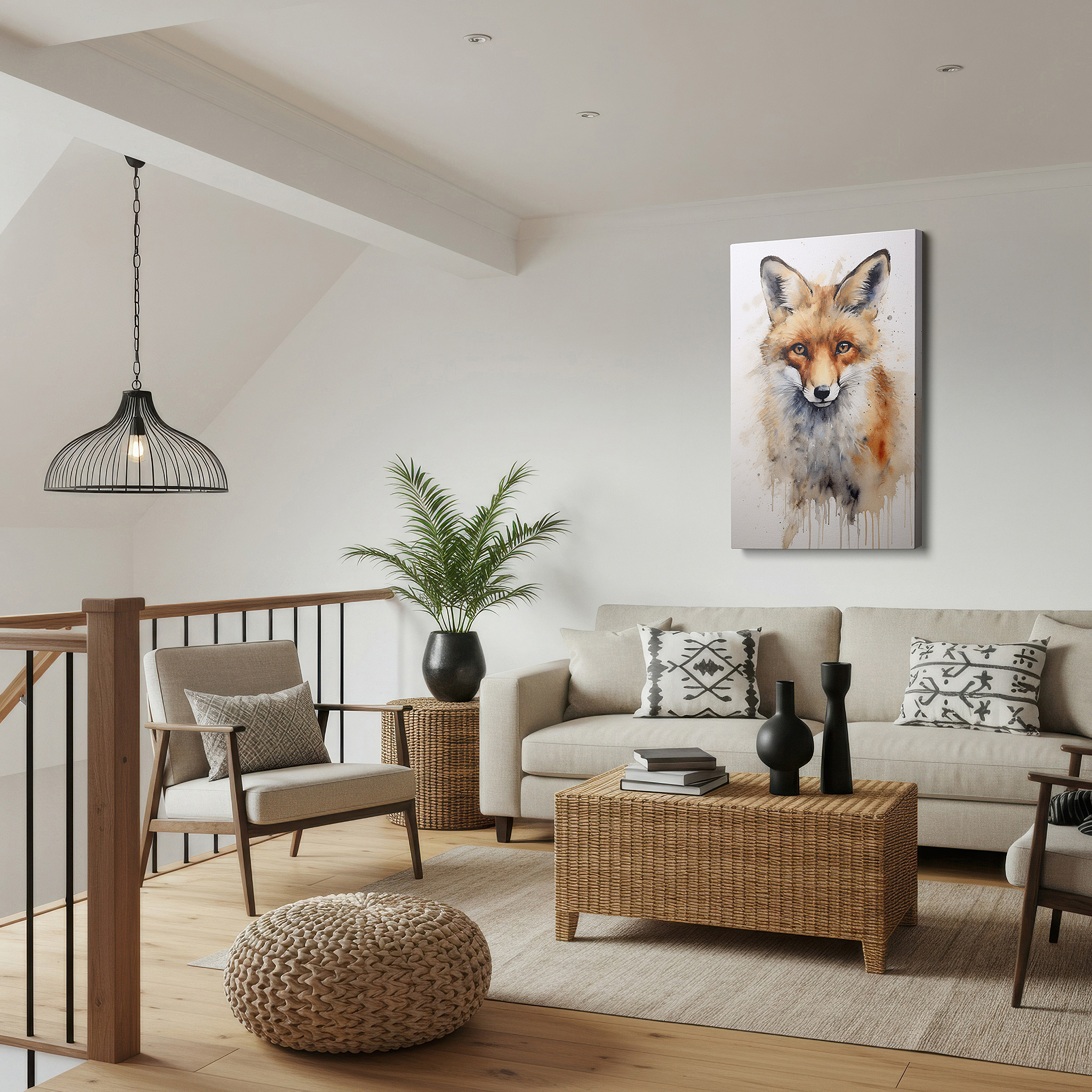 Back view reveals professional finishing and solid wood frame — fiery-hued majestic fox: a vivid watercolor masterpiece with an engaging gaze, large wall art, canvas wall art, wall art decor, office wall art
