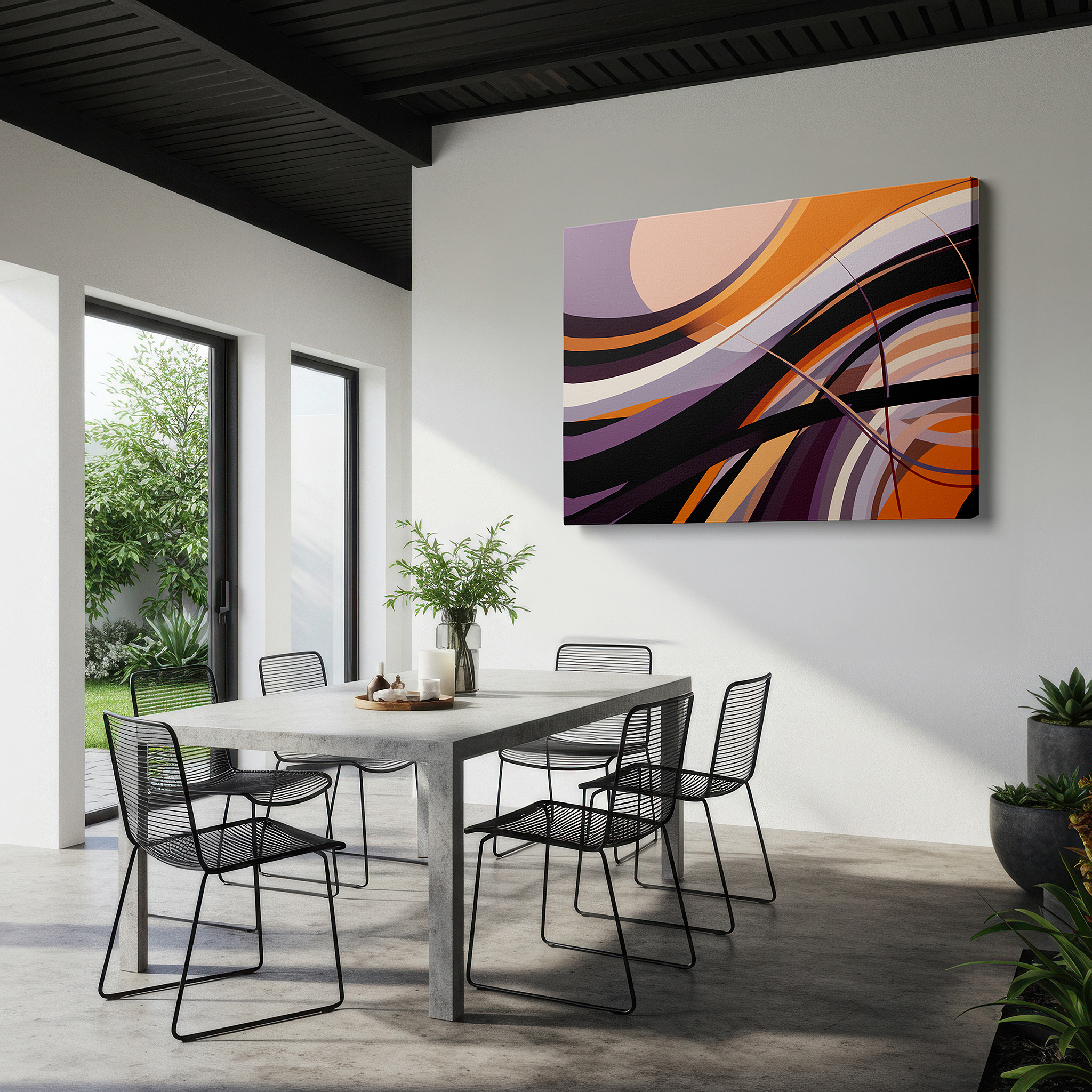 Back view reveals professional finishing and solid wood frame — flowing curves in vibrant orange, purple, and black - large canvas wall art for office and bedroom decor