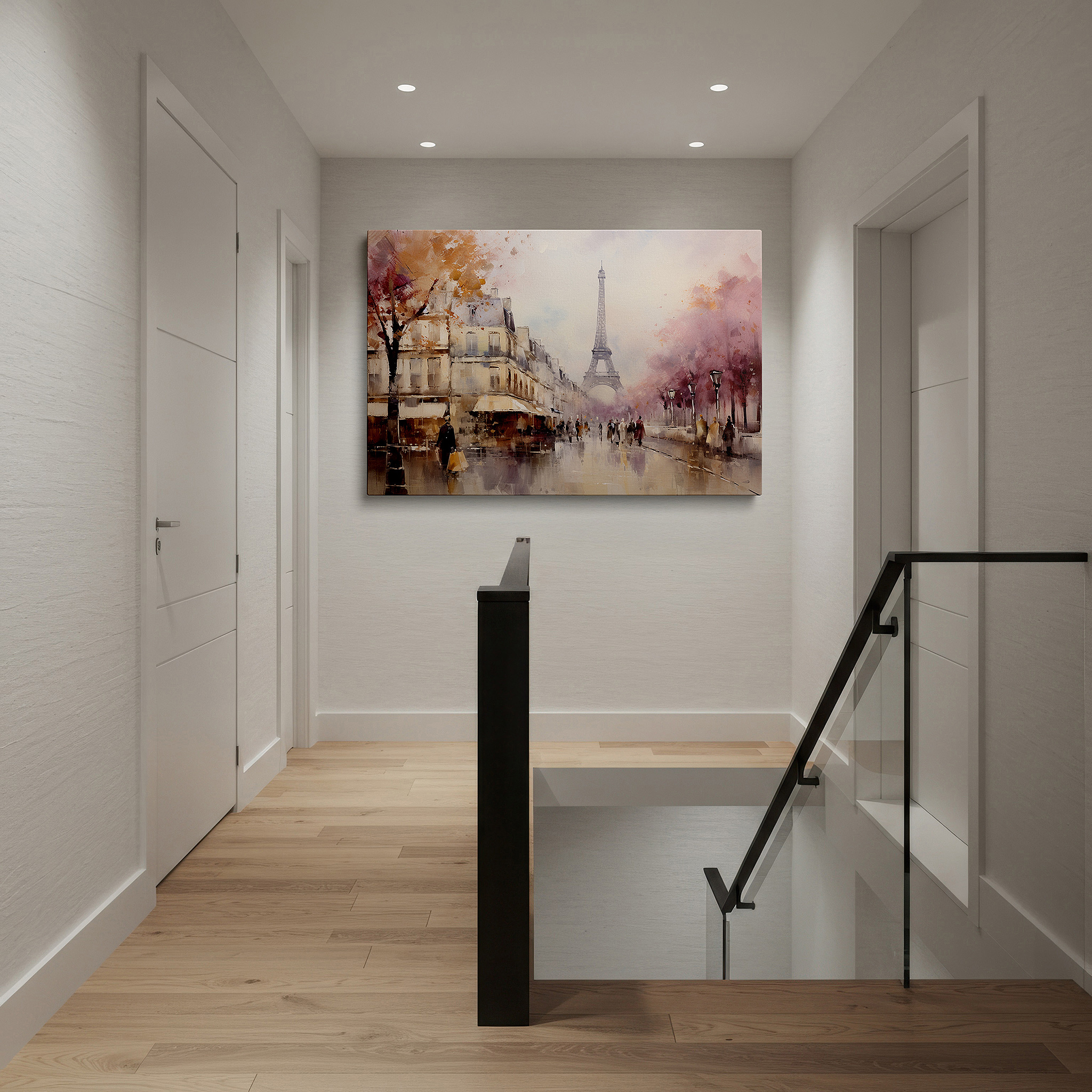 Back view reveals professional finishing and solid wood frame — impressionist dream of paris in spring: eiffel tower and blossoming trees large canvas wall art for home and office decor