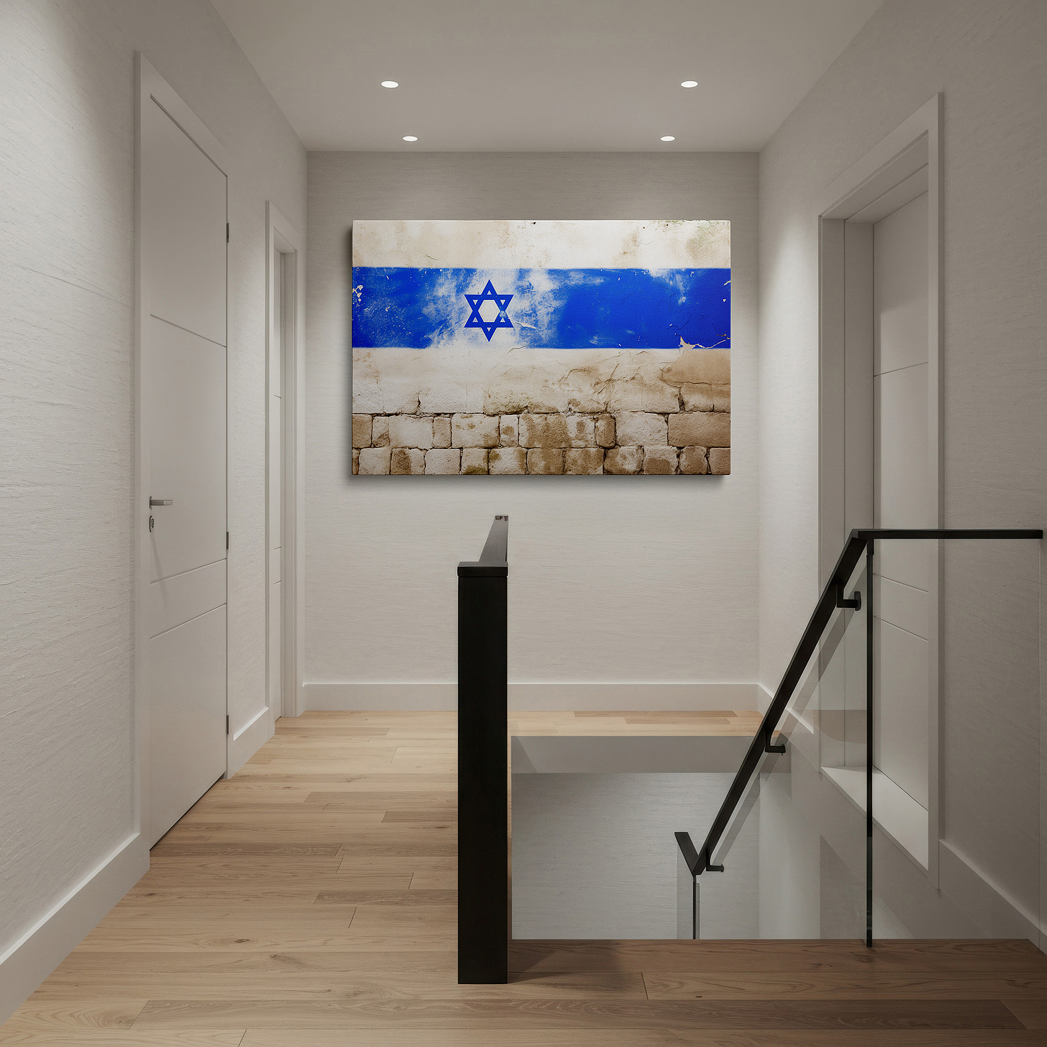 Back view reveals professional finishing and solid wood frame — israel's flag displayed on aged wall representing national strength and pride: large wall art, canvas, decor for office and bedroom
