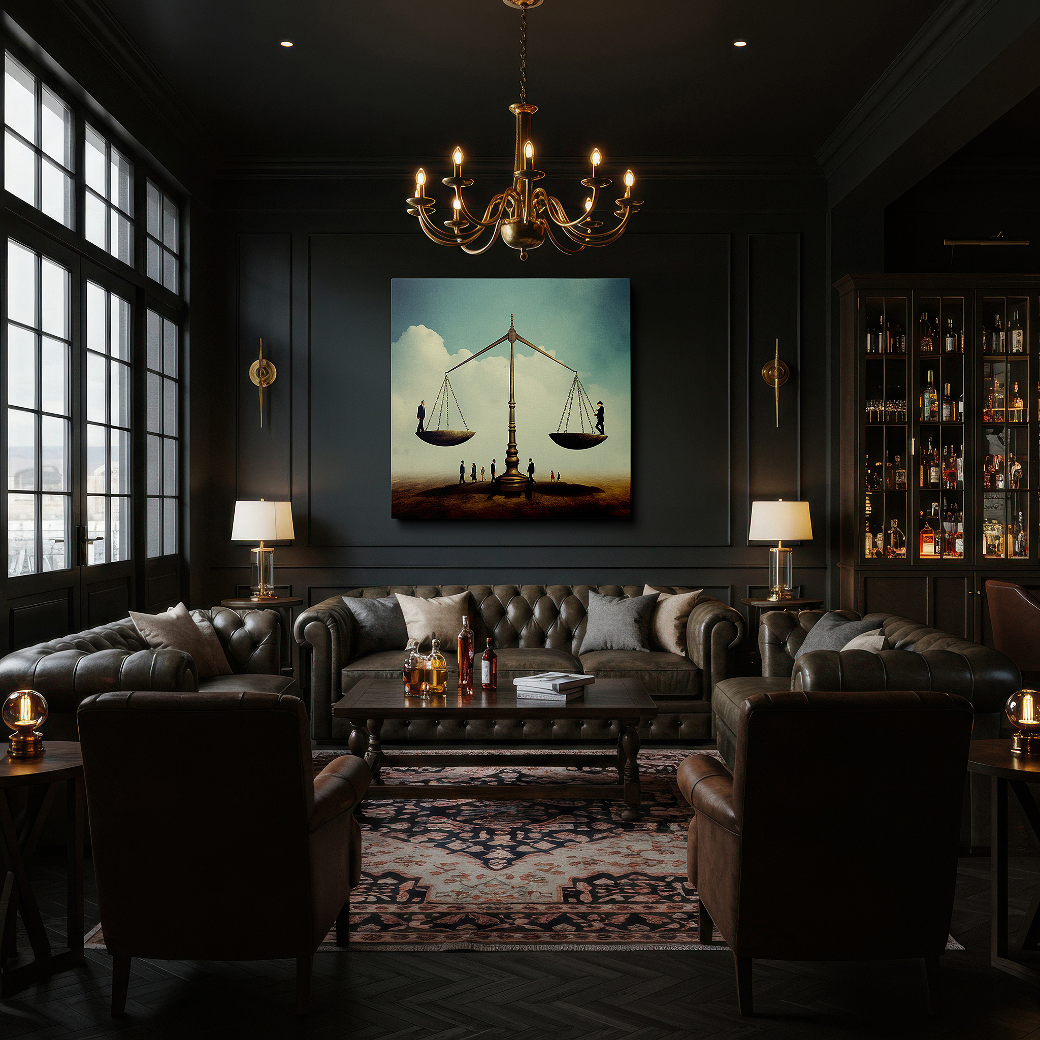 Back view reveals professional finishing and solid wood frame — justice and equality vision: balancing humanity scales - large wall art, canvas decor for office, bedroom, and living room