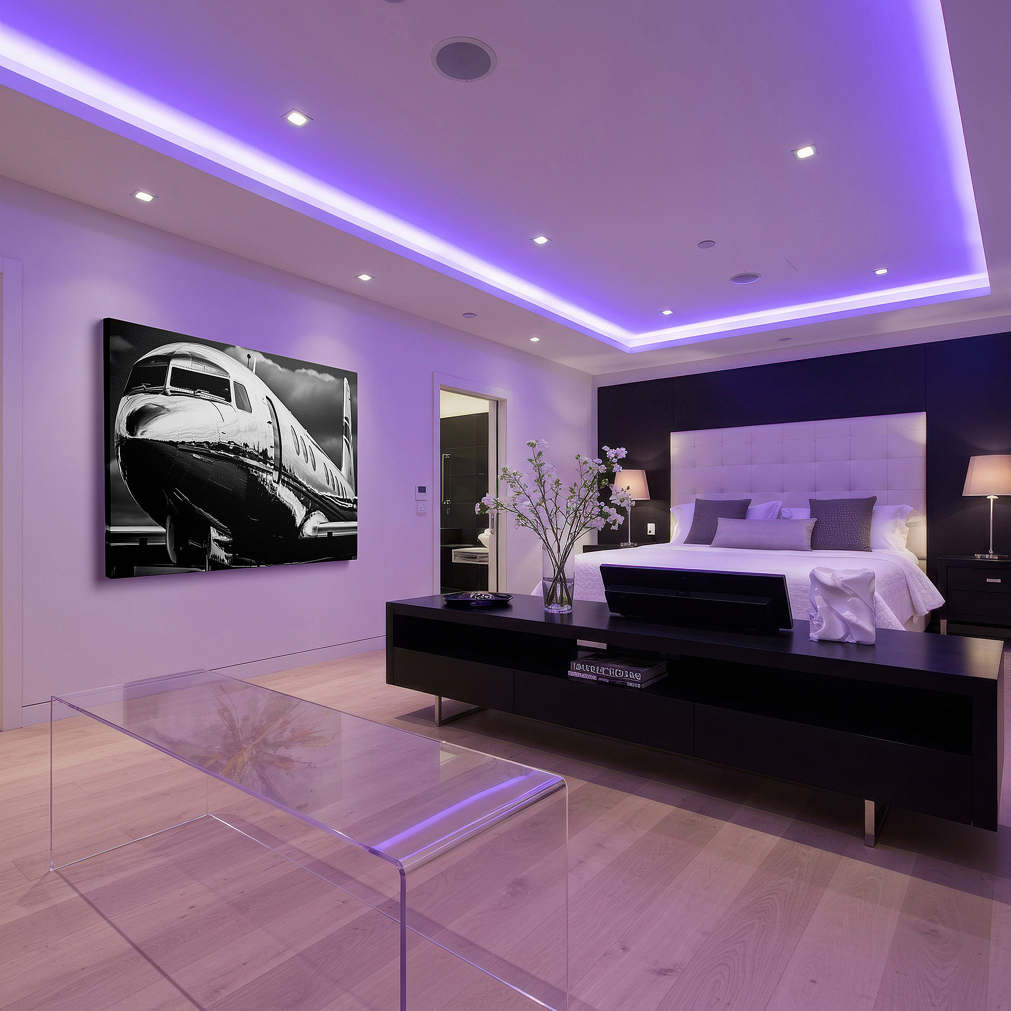 Back view reveals professional finishing and solid wood frame — luxurious silver jet soaring through swirling clouds - high-end travel themed large wall art, canvas decor for office
