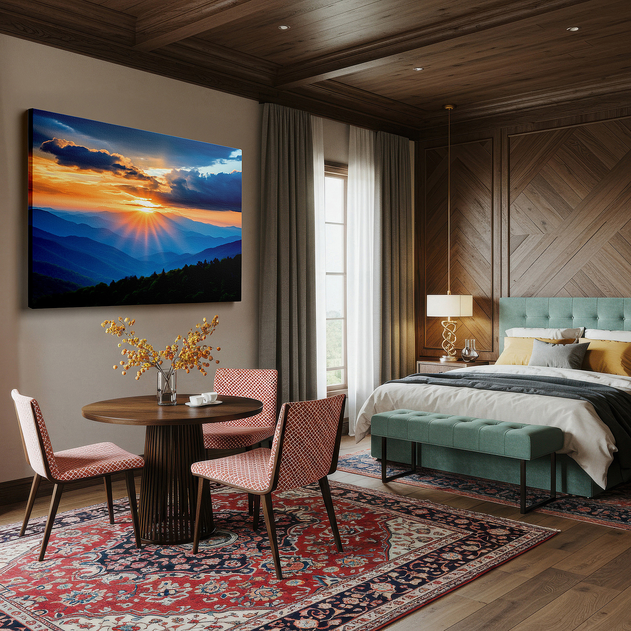 Back view reveals professional finishing and solid wood frame — majestic mountain sunrise, tranquil dawn valley illumination large wall art, canvas wall art, wall decor for office and bedroom