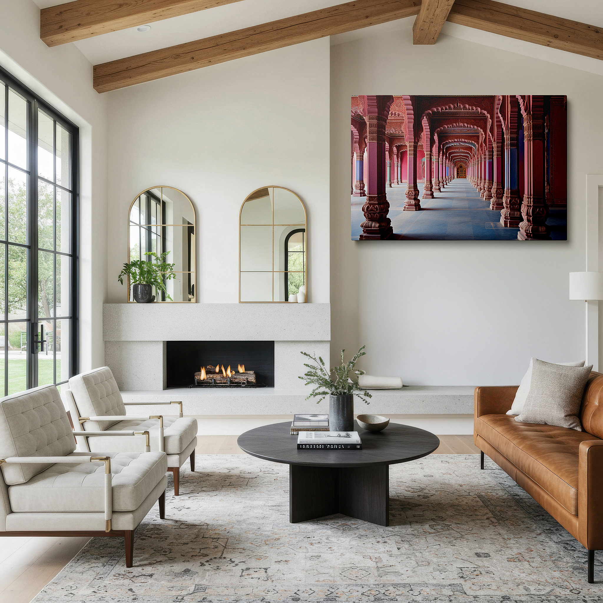 Back view reveals professional finishing and solid wood frame — majestic palace hallway canvas featuring ornate pink columns and vibrant arches, ideal for office, bedroom, and home decor wall art