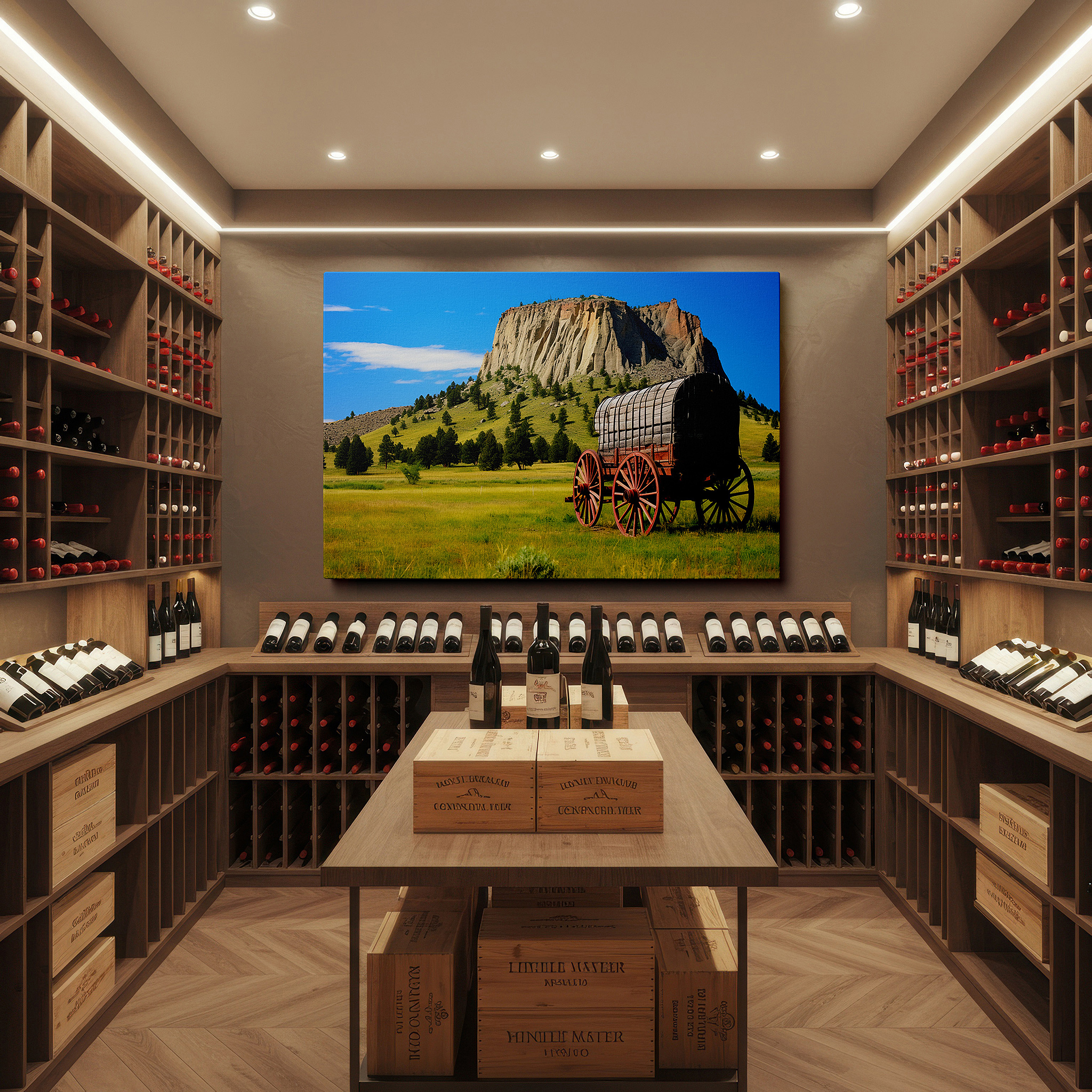Back view reveals professional finishing and solid wood frame — majestic rocks with wagon at base, emblematic of adventure and natural artistry, large canvas wall art for office decor