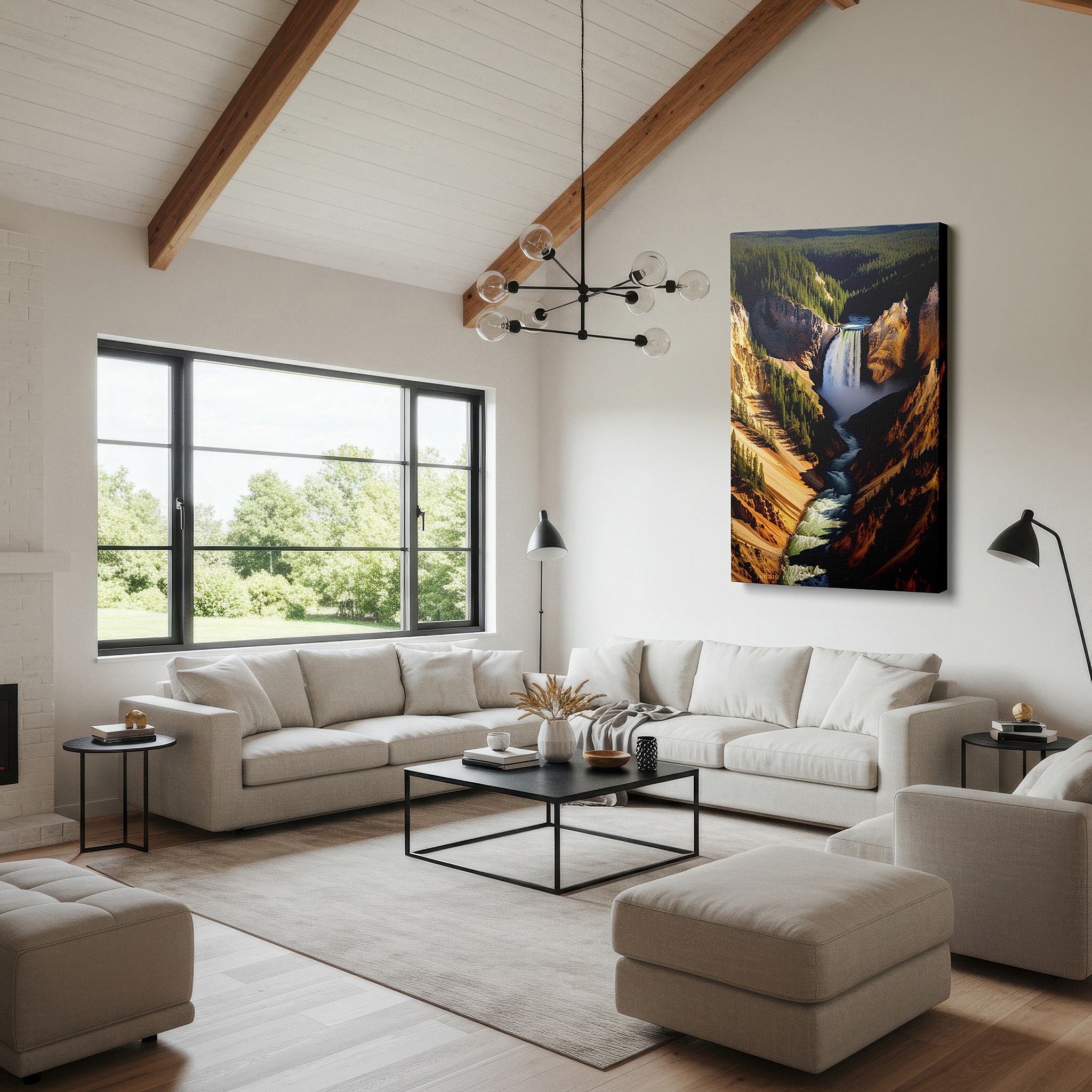 Back view reveals professional finishing and solid wood frame — majestic waterfall and rugged canyon wall art - celebrating the power and beauty of nature, perfect for office and bedroom decor, available as large canvas