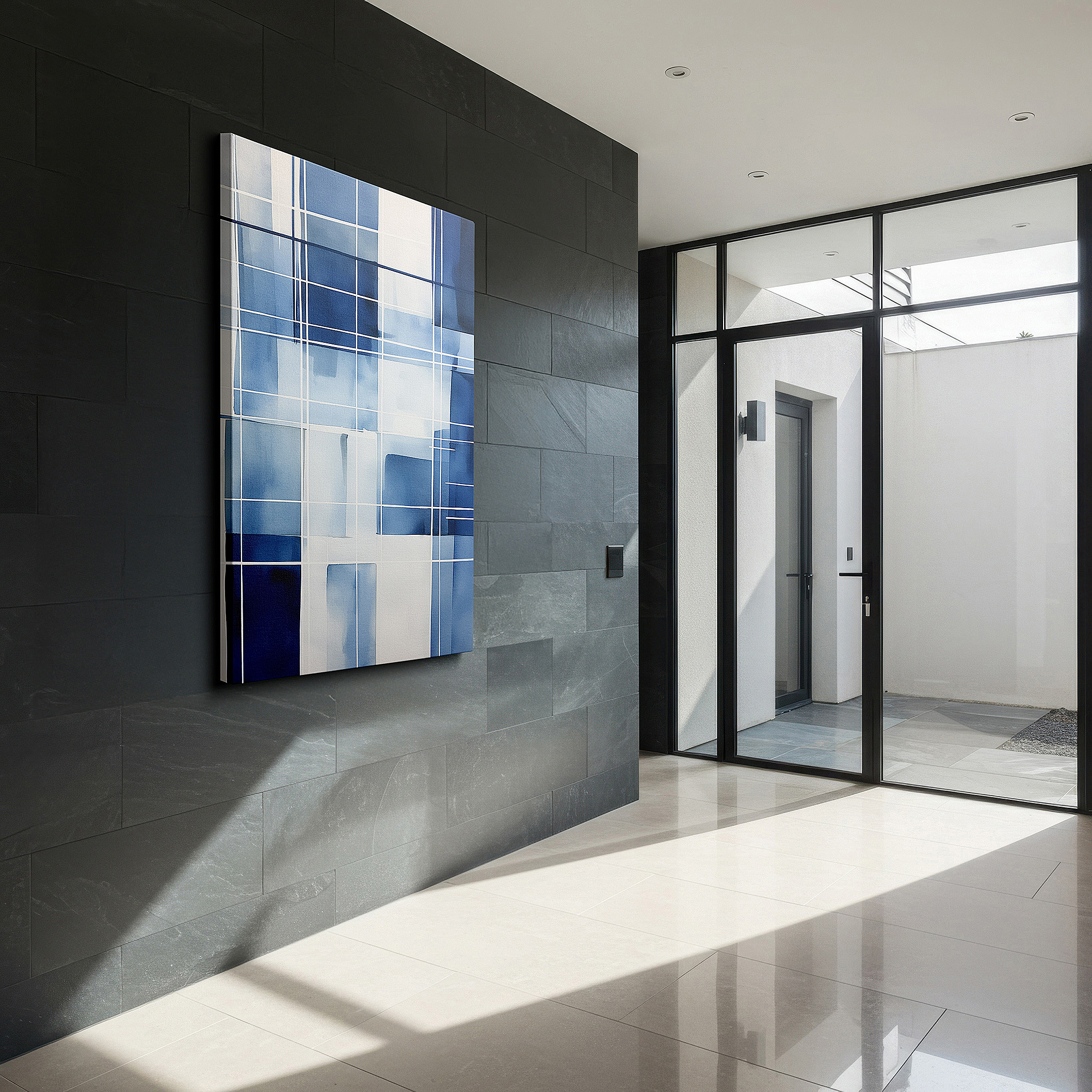 Back view reveals professional finishing and solid wood frame — modern geometric blues in a calm grid, ideal for contemporary spaces, large wall art, canvas wall art, wall decor, office wall art