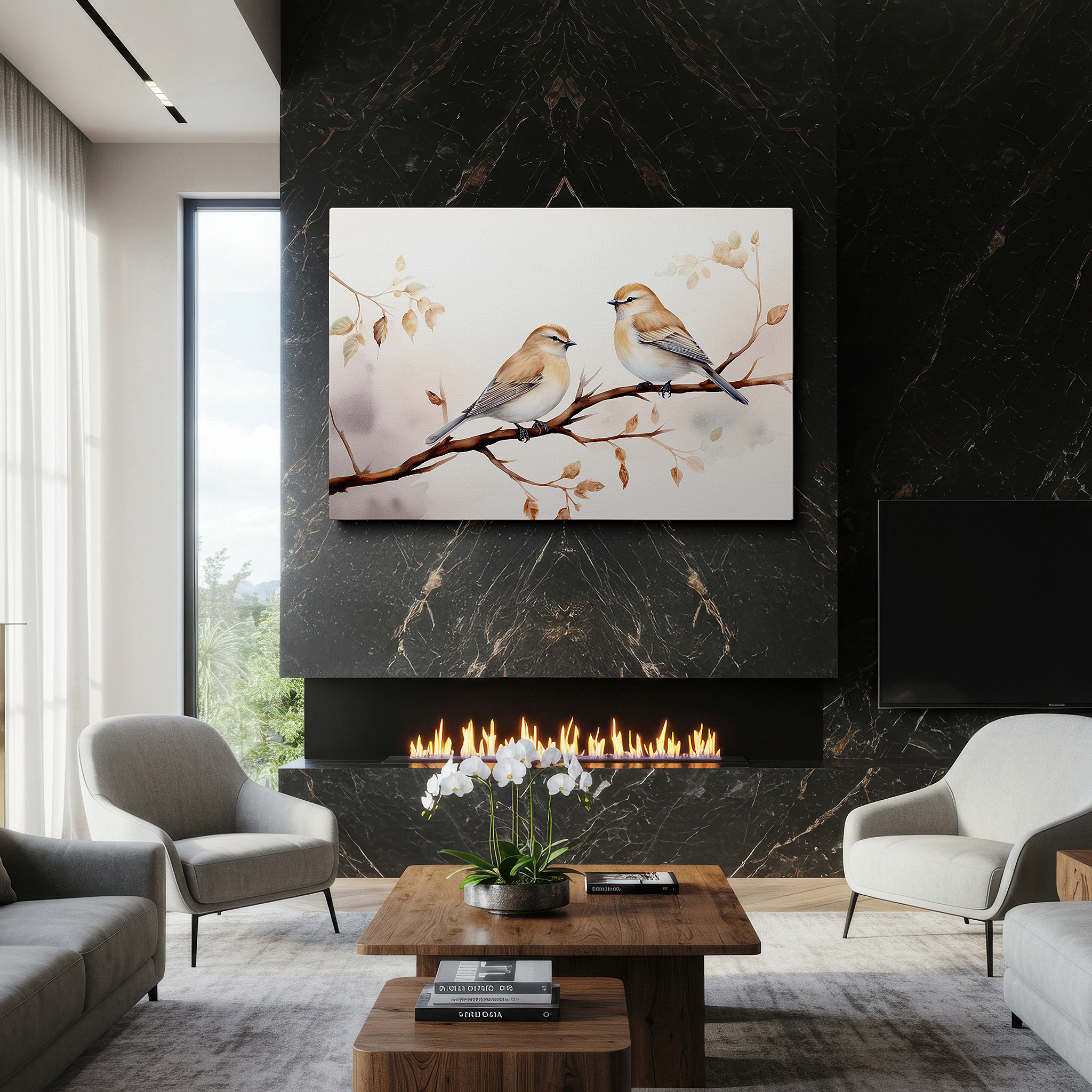 Back view reveals professional finishing and solid wood frame — serene birds on a branch depicting love and peace in nature, large canvas wall art for home and office decor