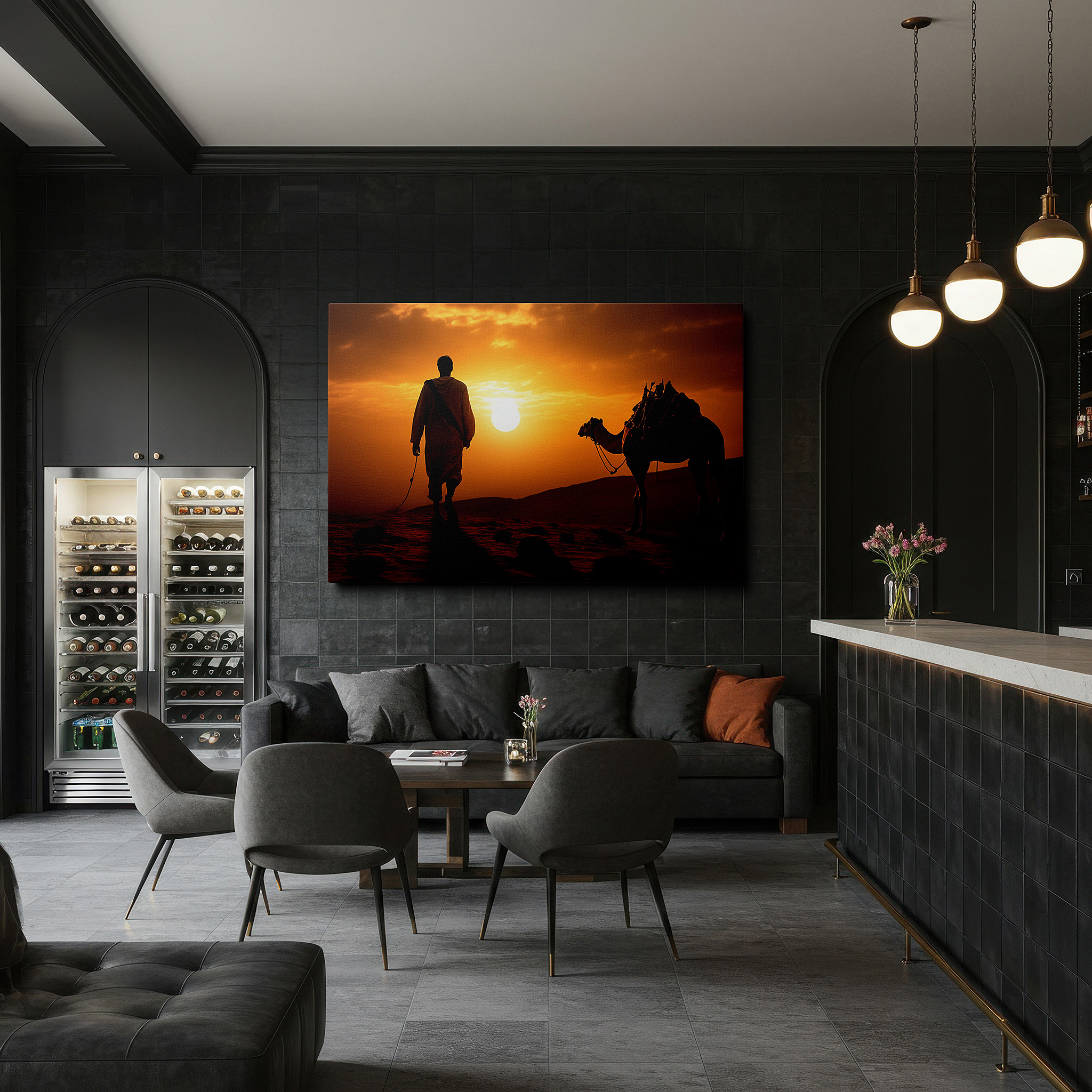Back view reveals professional finishing and solid wood frame — serene desert voyage featuring a man and camel at sunset - oversized canvas wall art for office, bedroom, and living room decor