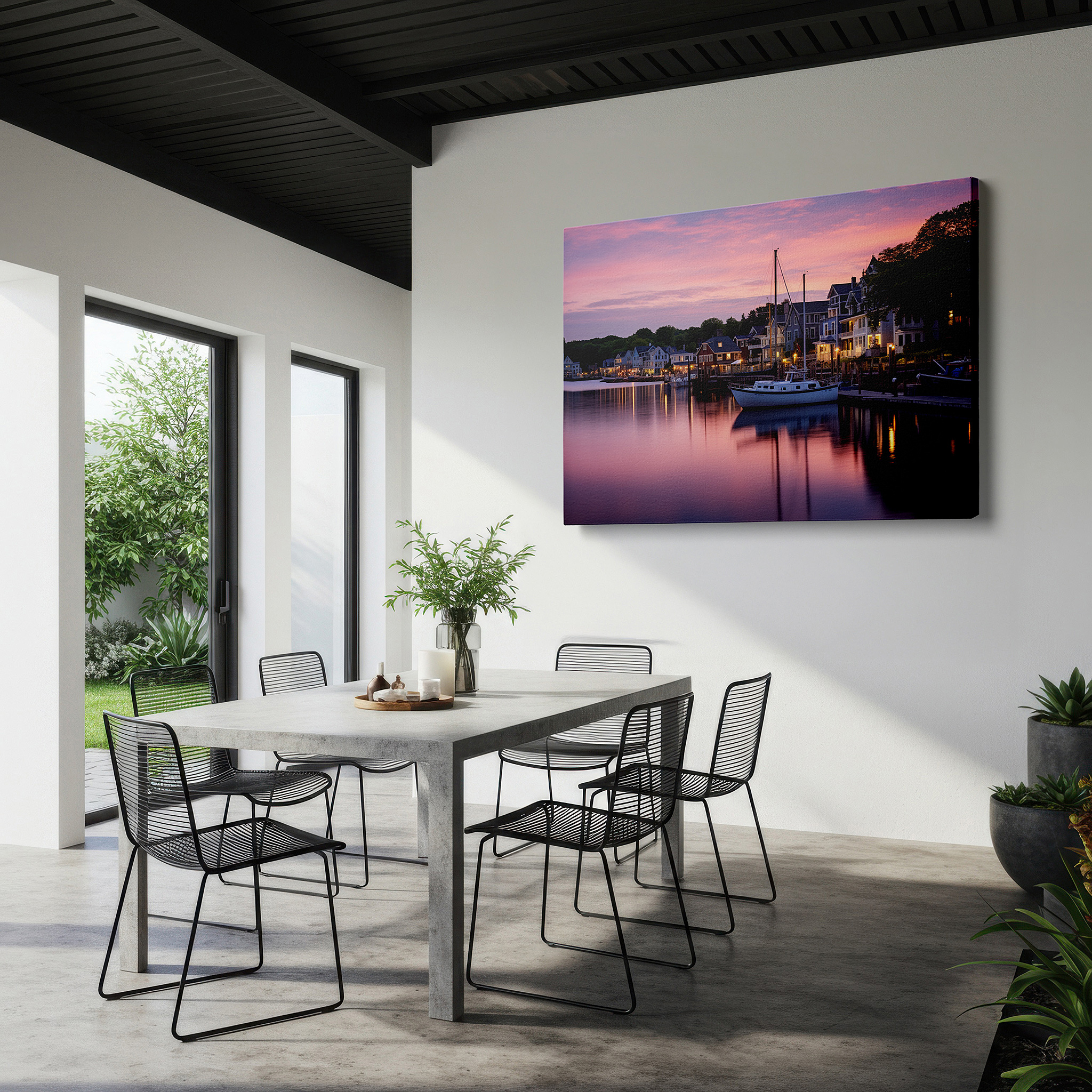Back view reveals professional finishing and solid wood frame — serene dockside dusk - tranquil coastal evening wall art in vibrant hues, large canvas for home and office decor, perfect for living room and bedroom