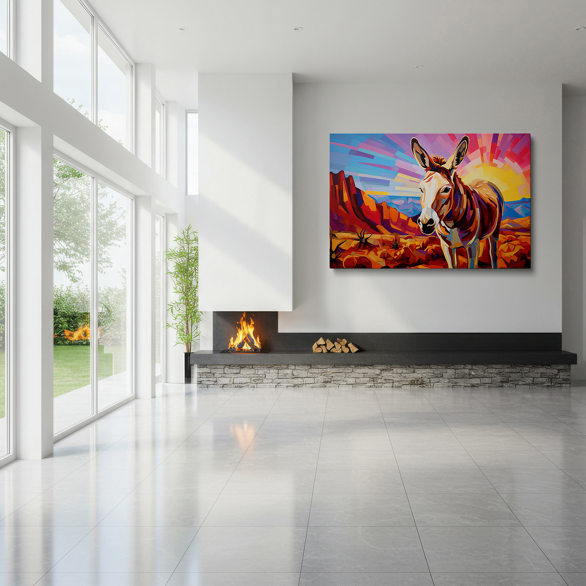 Back view reveals professional finishing and solid wood frame — serene donkey at desert sunrise: a tranquil blend of nature's palette - large canvas wall art for office and bedroom decor