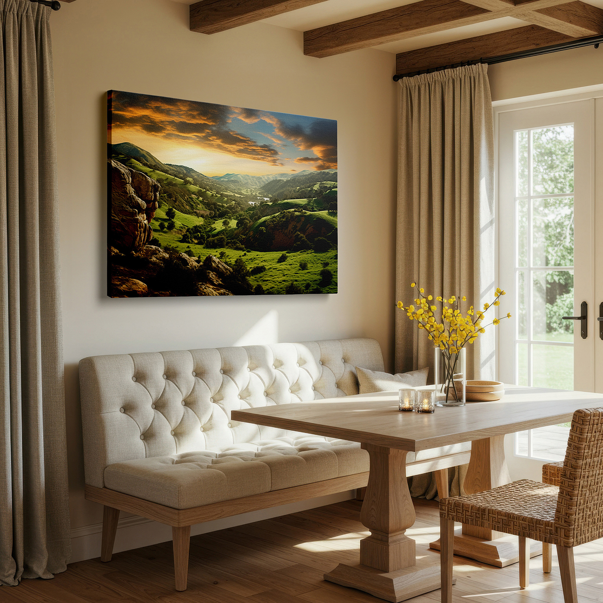 Back view reveals professional finishing and solid wood frame — serene dusk landscape with sun setting behind rolling hills - large canvas wall art for office, bedroom, and living room decor