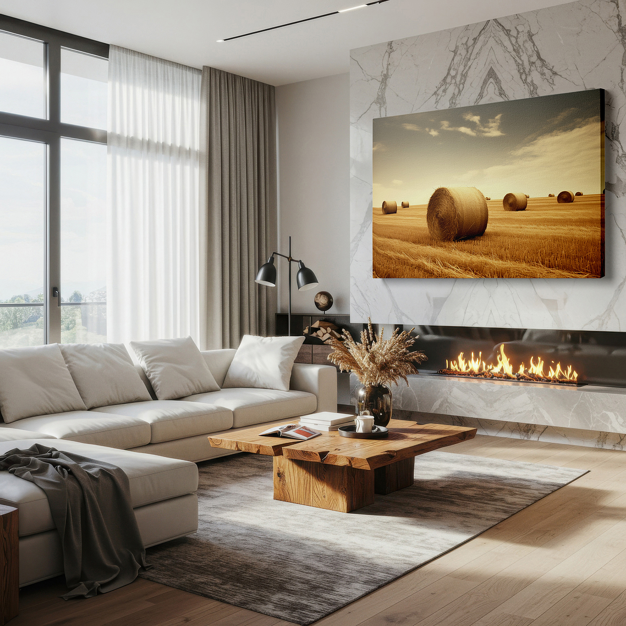 Back view reveals professional finishing and solid wood frame — serene fields and striking skies: large canvas wall art featuring peaceful landscapes and golden hay bales, perfect for home or office decor
