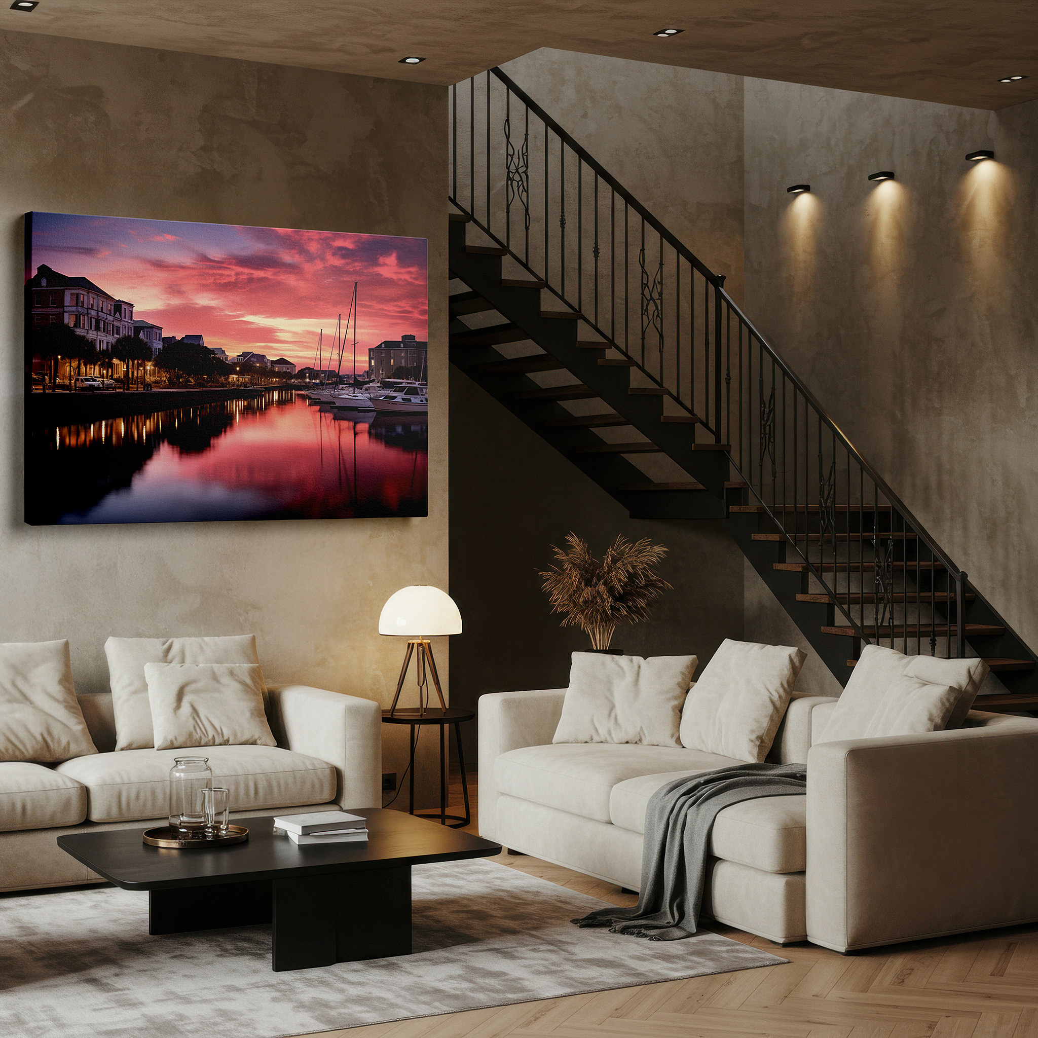 Back view reveals professional finishing and solid wood frame — serene harbor sunset wall art featuring vibrant skies and calm waters - perfect for home or office decor, large canvas print