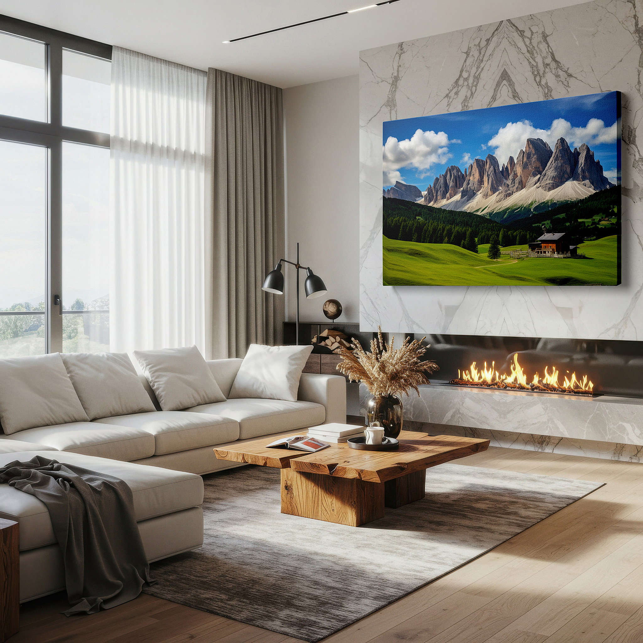 Back view reveals professional finishing and solid wood frame — serene hideaway amidst lush valleys and towering mountains: oversized wall art for home and office decor, including living room and bedroom