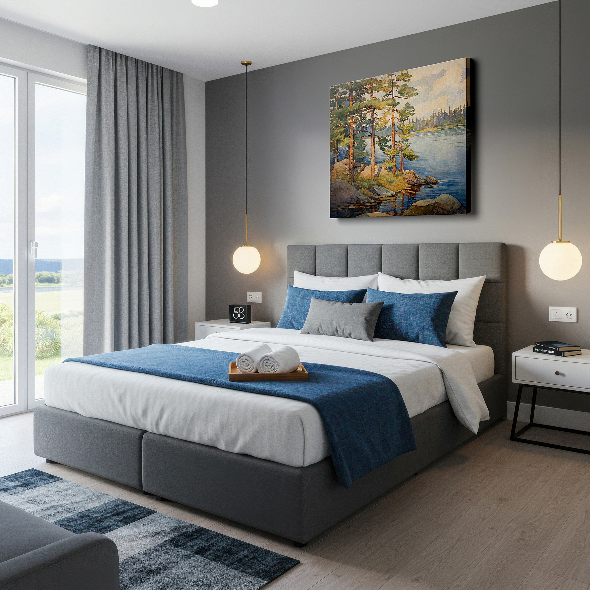 Back view reveals professional finishing and solid wood frame — serene lake and towering pines mirroring mountain peaks on calm waters, large canvas wall art for office and bedroom decor
