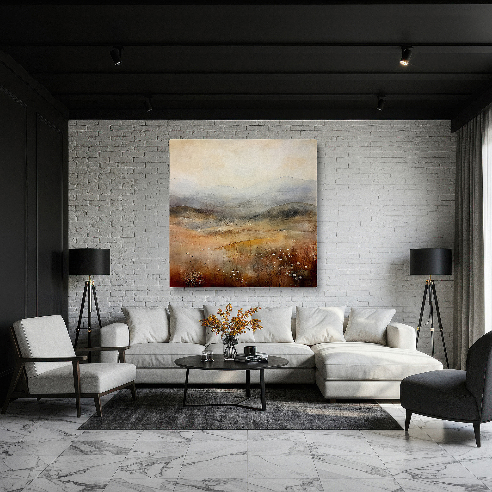 Back view reveals professional finishing and solid wood frame — serene minimalistic landscape in earthy tones: large wall art for tranquil interiors, perfect for office and bedroom decor