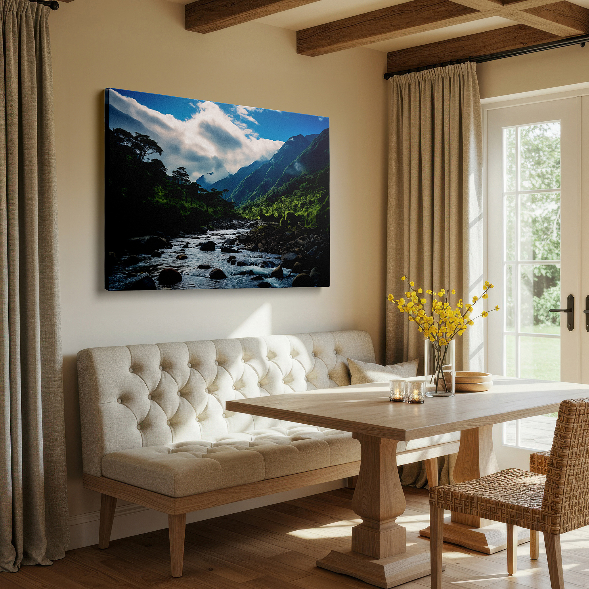 Back view reveals professional finishing and solid wood frame — serene mountain river flowing through verdant hills beneath a vibrant blue sky - large canvas wall art for office and bedroom decor