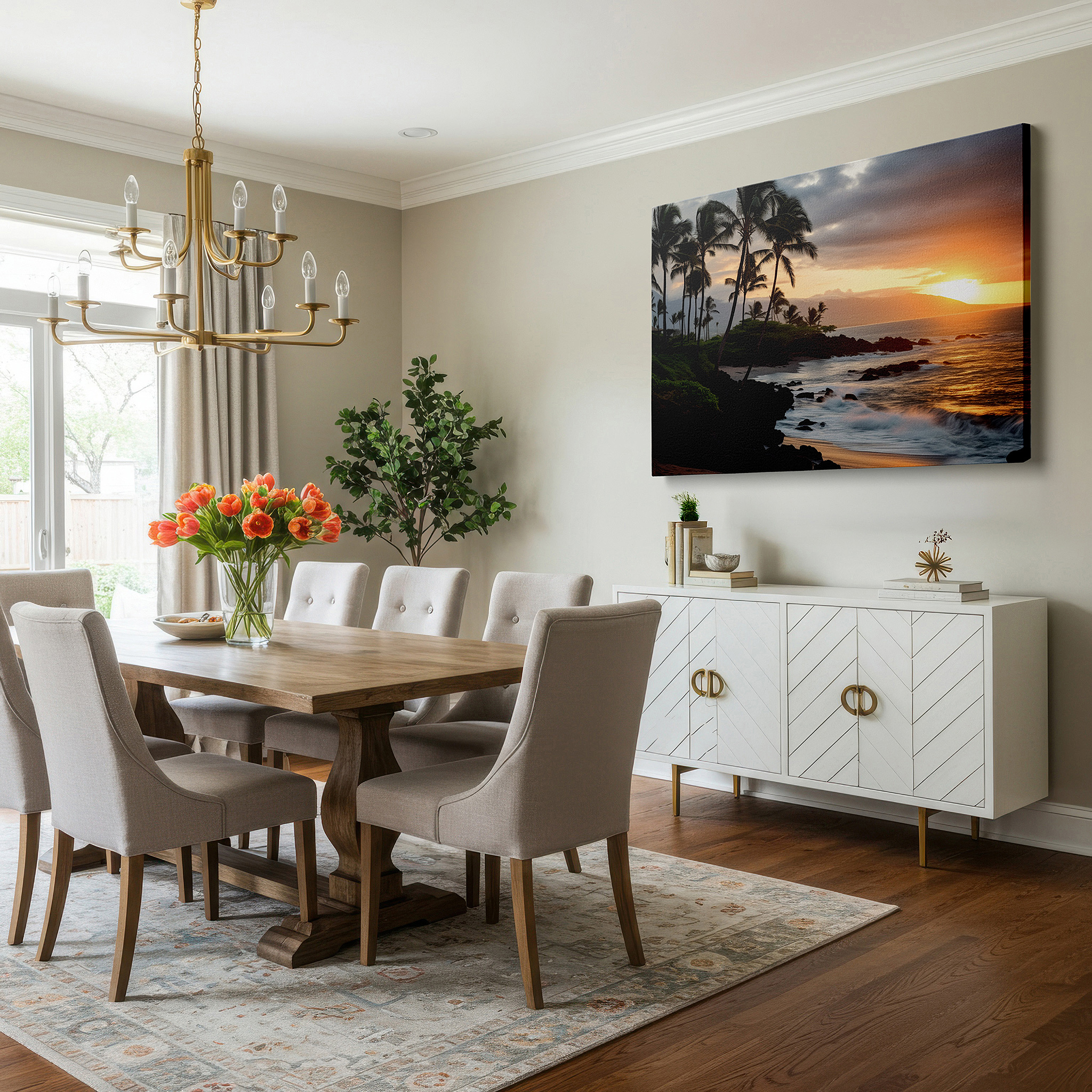 Back view reveals professional finishing and solid wood frame — serene tropical beach at sunset - tranquil paradise with fiery skies and whispering palms large wall art, canvas wall art, wall art decor