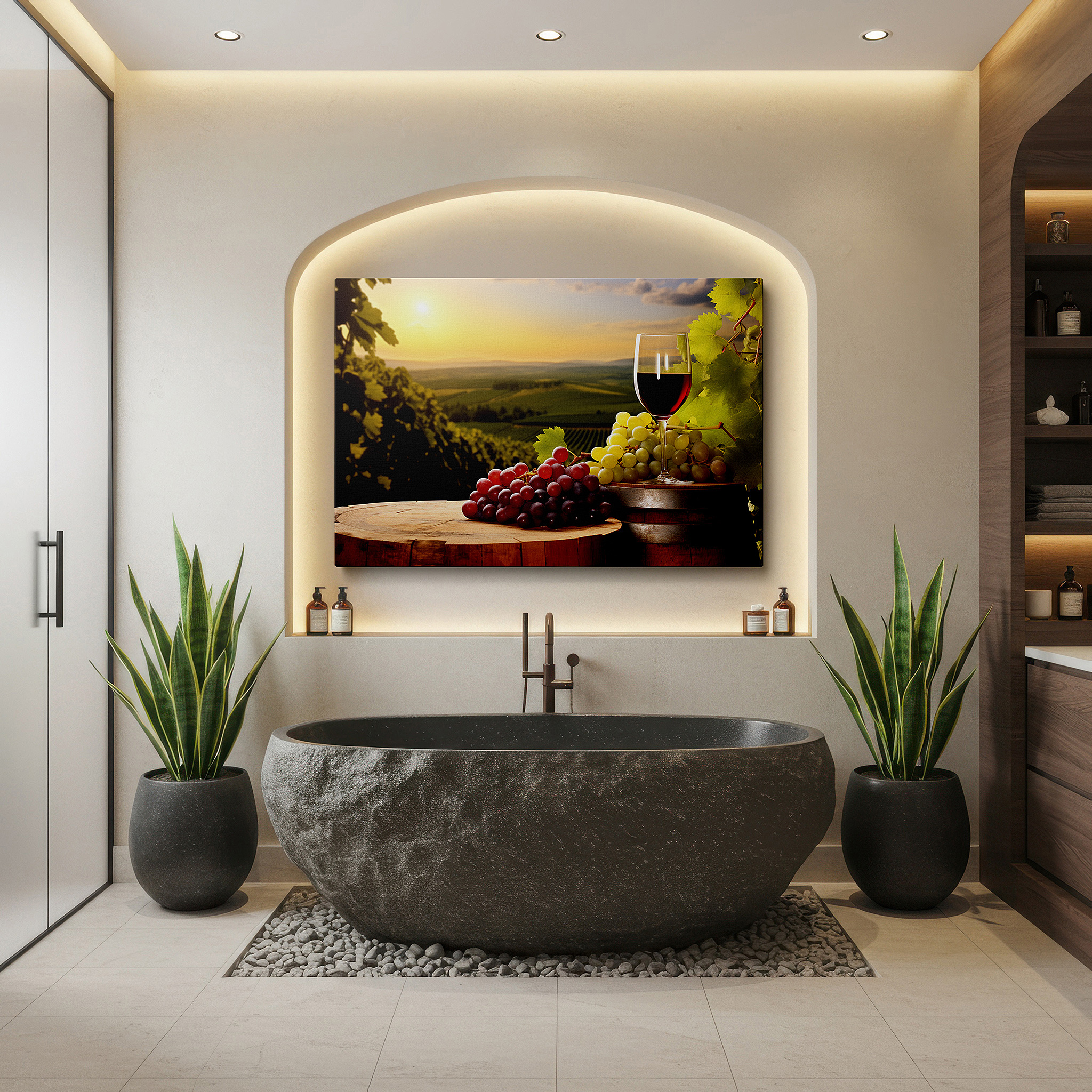 Back view reveals professional finishing and solid wood frame — serene vineyard evening featuring red wine and fresh grapes beneath a golden sunset - large canvas wall art for home and office decor
