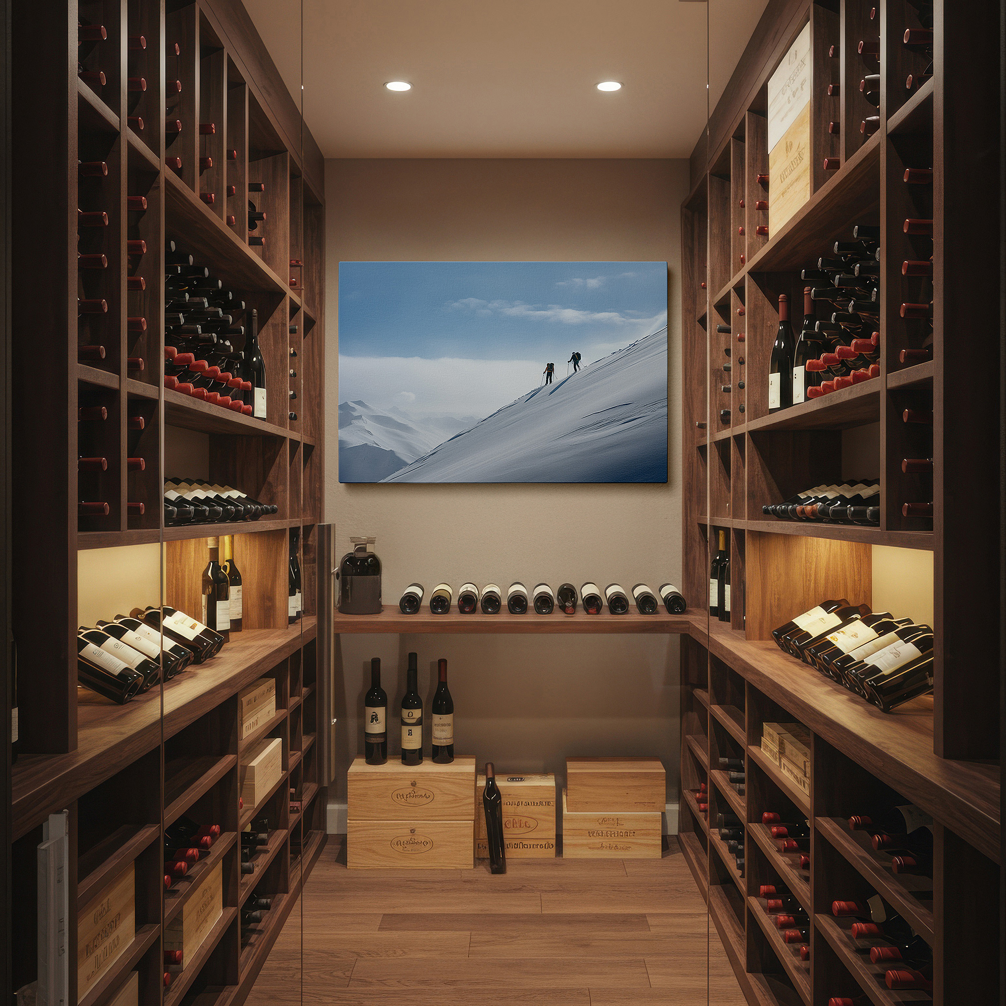 Back view reveals professional finishing and solid wood frame — skiers climb majestic mountain beneath clear blue sky, a vibrant tribute to winter sports and resilience, large canvas wall art