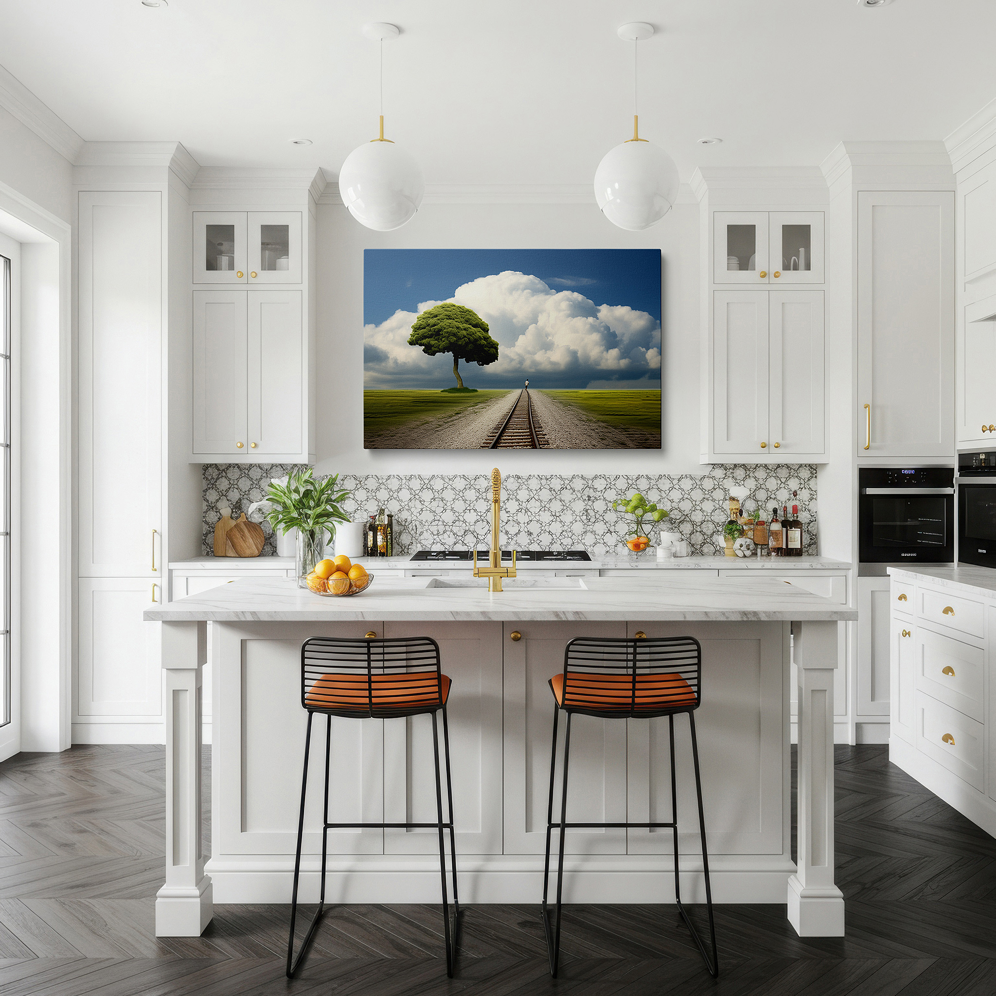Back view reveals professional finishing and solid wood frame — solitary tree and train tracks wall art: a symbol of resilience and reflection - large canvas for home and office decor, ideal for living room and bedroom
