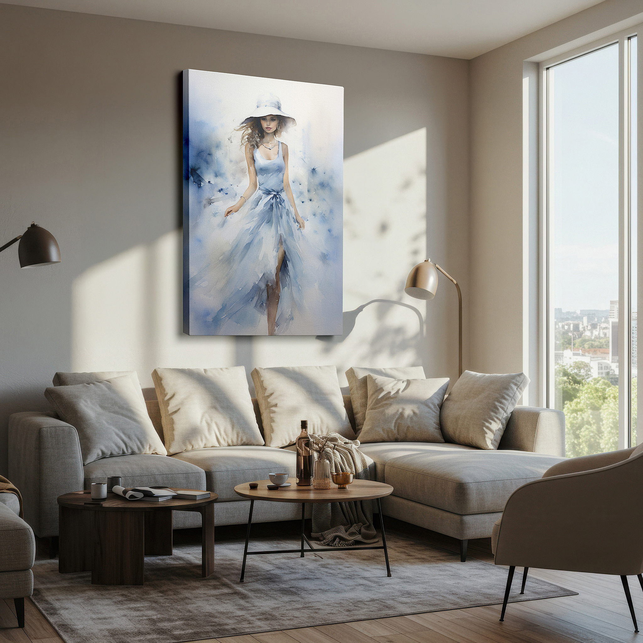 Back view reveals professional finishing and solid wood frame — sophisticated elegance on display - stylish woman with coordinated hat large wall art, canvas wall art, wall decor for office and bedroom