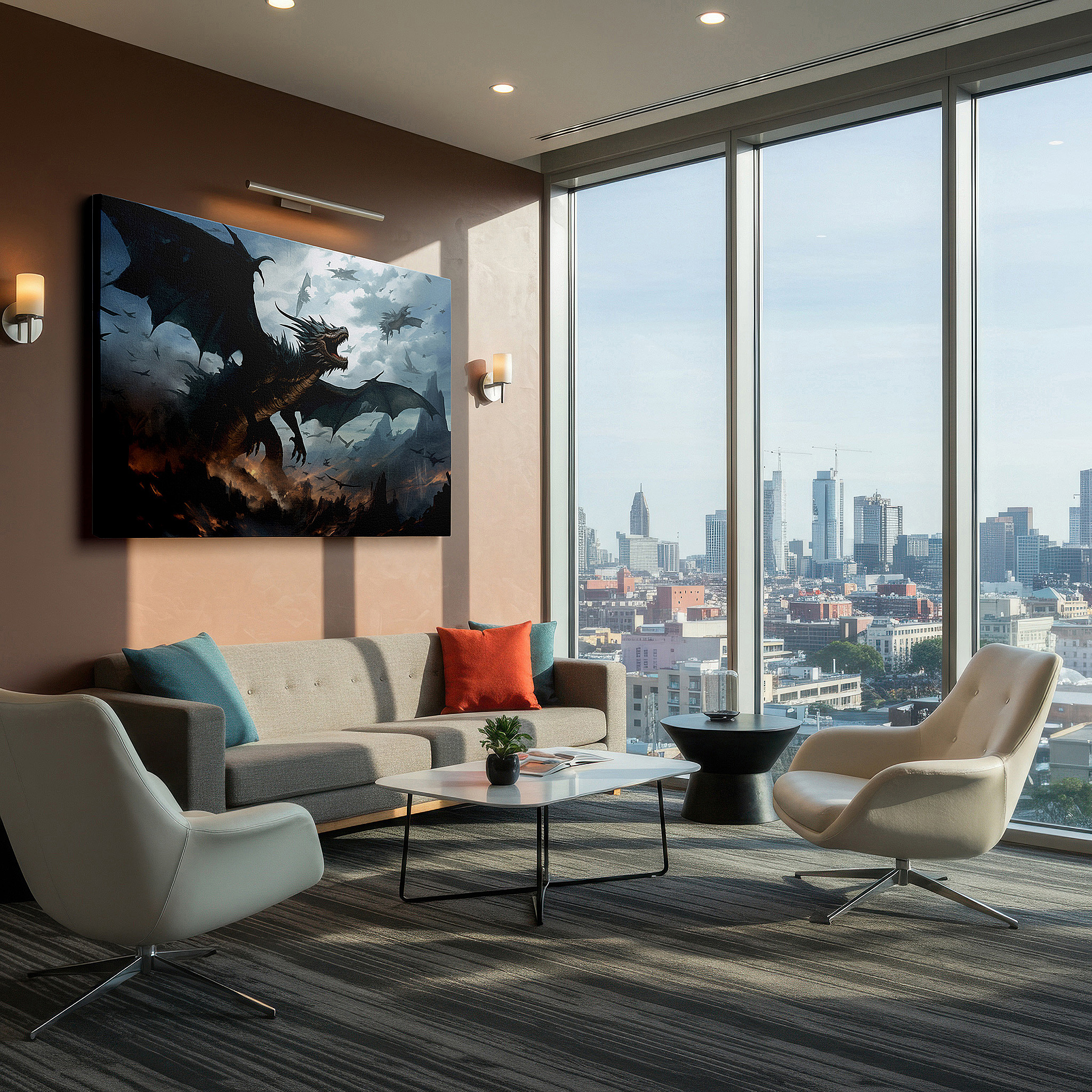 Back view reveals professional finishing and solid wood frame — stormy skies and rugged mountains featuring fearsome dragon in flight - large canvas wall art for office and bedroom decor