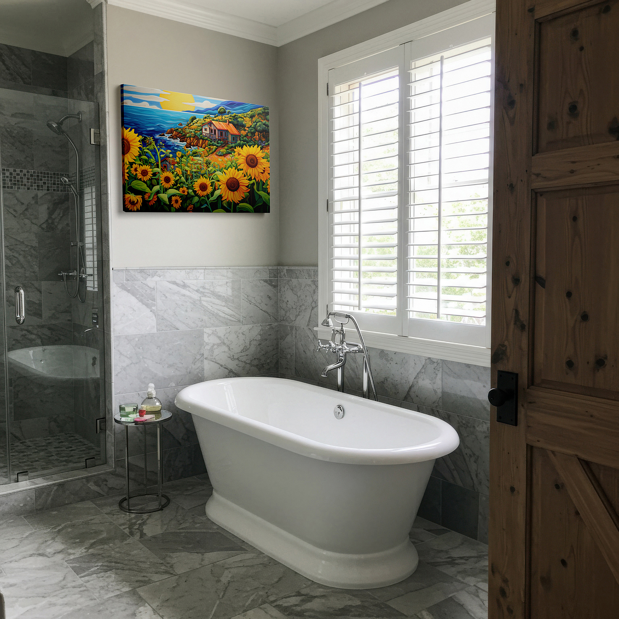 Back view reveals professional finishing and solid wood frame — sunset glow and blooming sunflowers coastal retreat large canvas wall art for office and bedroom decor