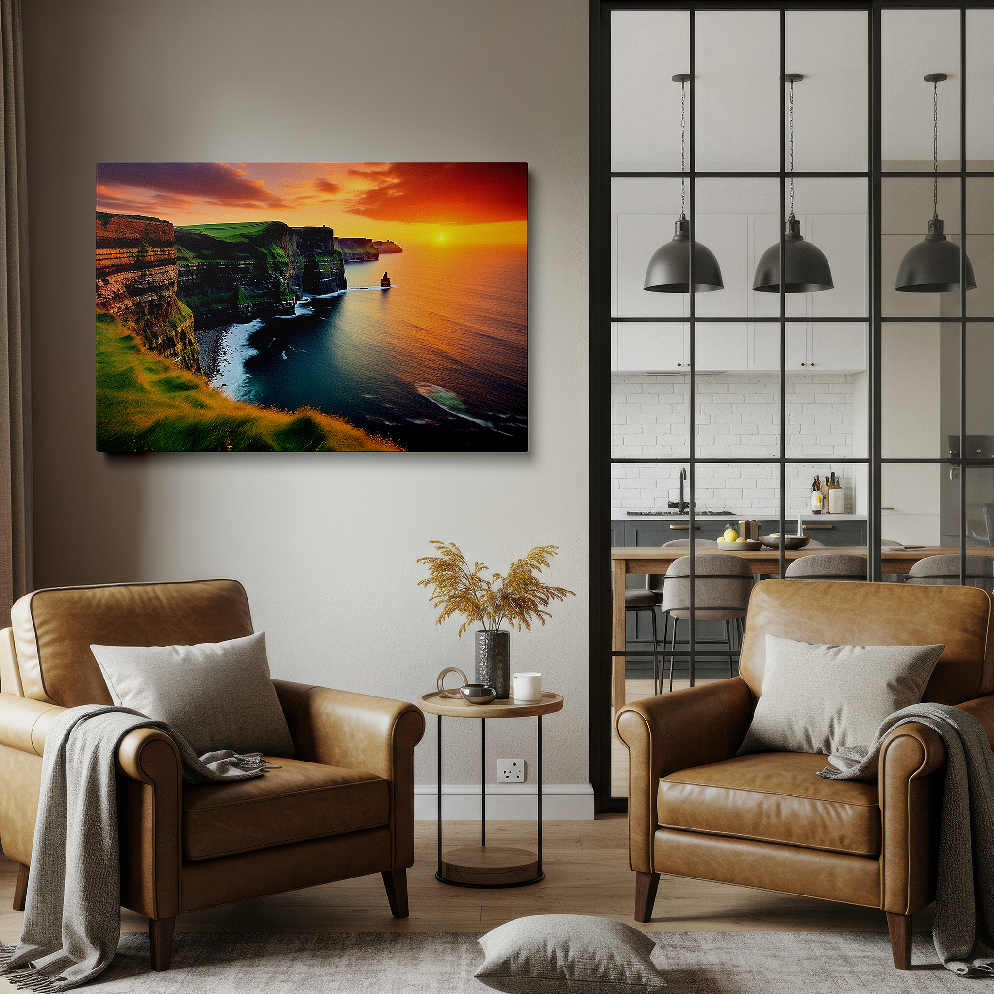 Back view reveals professional finishing and solid wood frame — sunset over majestic cliffs and ocean - serene nature's beauty large wall art, canvas wall art, wall decor for office and bedroom