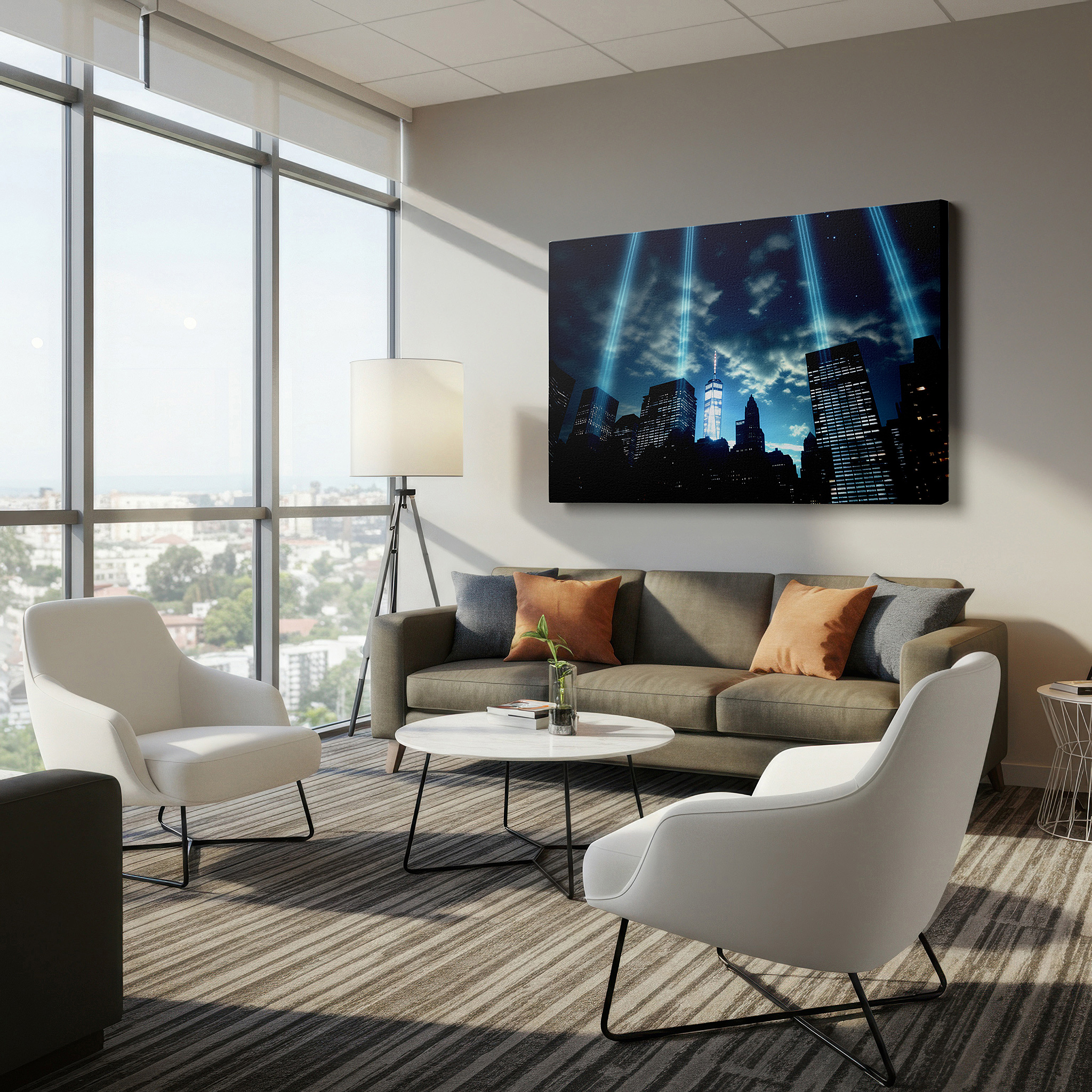 Back view reveals professional finishing and solid wood frame — tribute in light above nyc skyline - emblem of resilience and memory large wall art, canvas art, wall decor, office art