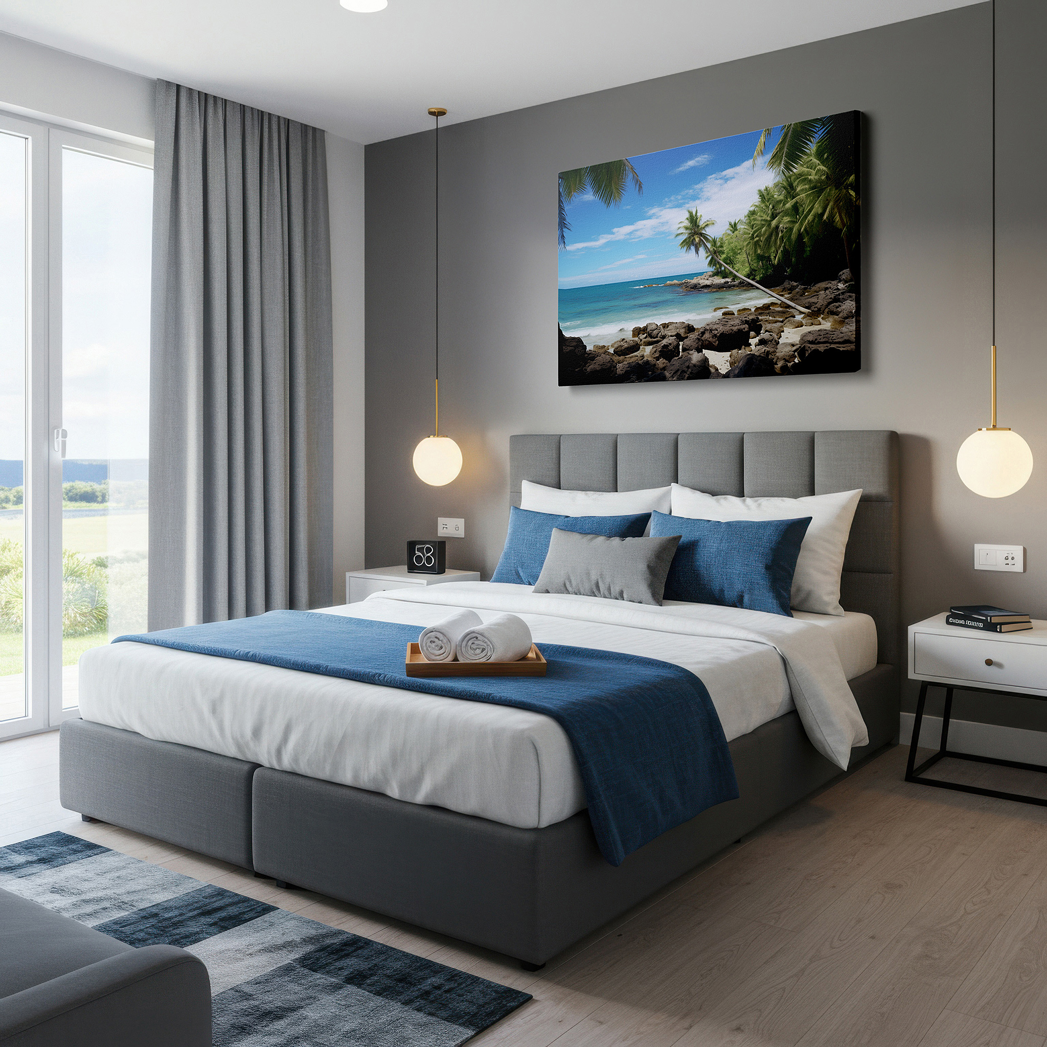 Back view reveals professional finishing and solid wood frame — tropical paradise canvas wall art featuring palm trees and rocky coastline under a sunlit sky, perfect for office or bedroom decor