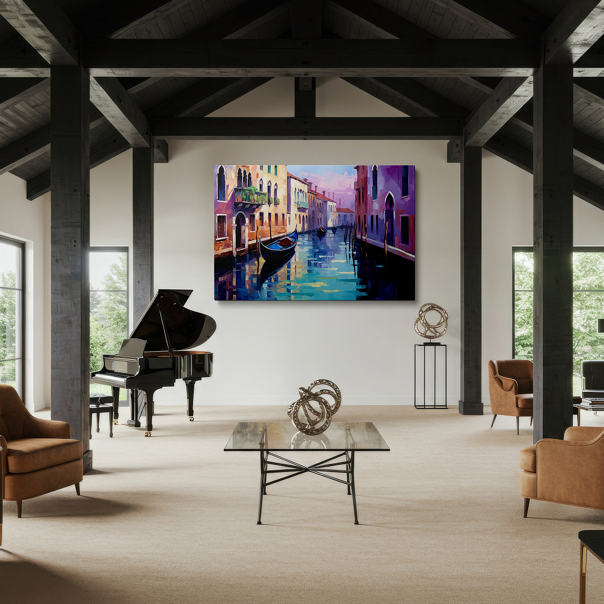 Back view reveals professional finishing and solid wood frame — venetian canal scene: serene water reflections and vibrant buildings - large canvas wall art for office and bedroom decor