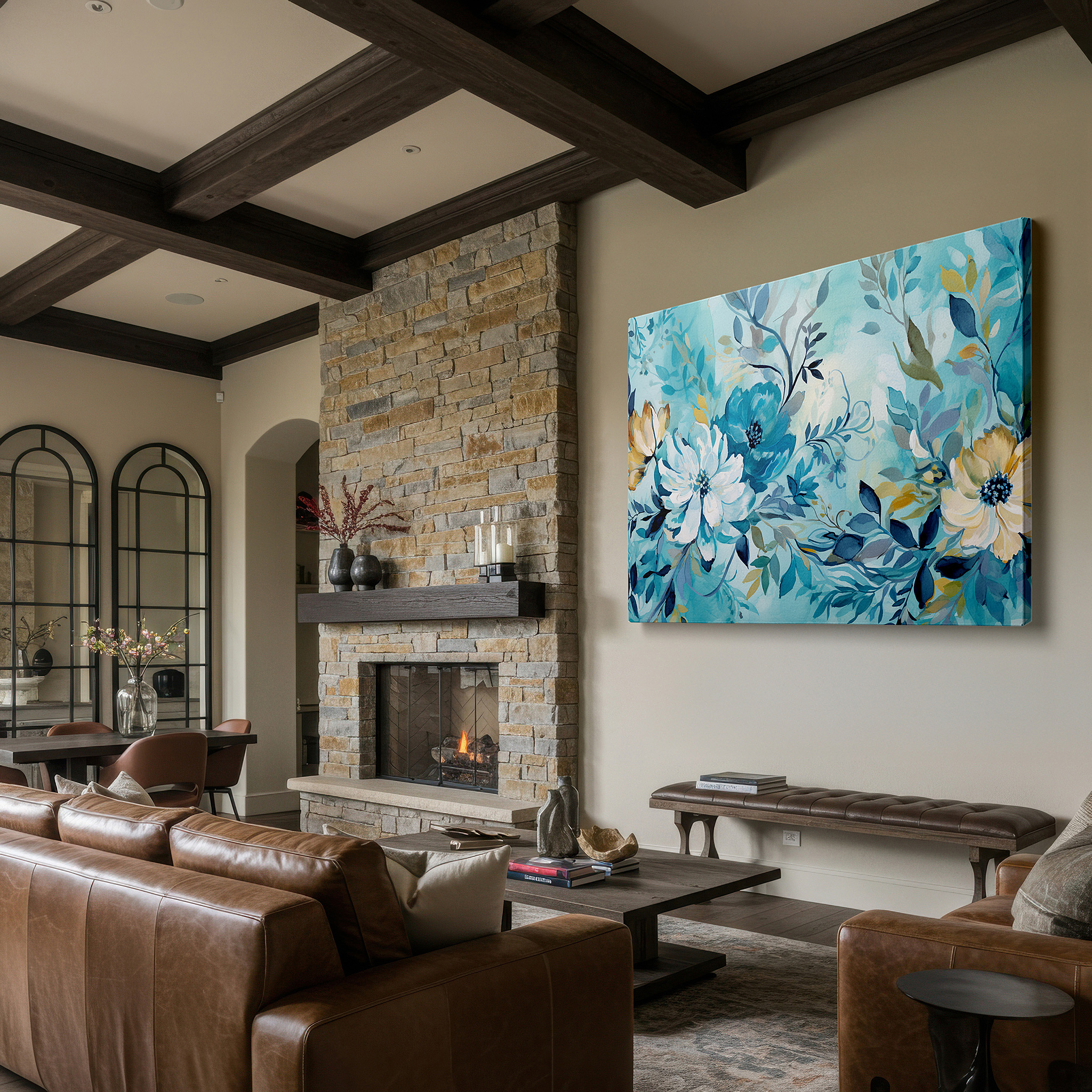 Back view reveals professional finishing and solid wood frame — vibrant floral symphony in blues and yellows with soft-hued leaves, large canvas wall art for office and bedroom decor