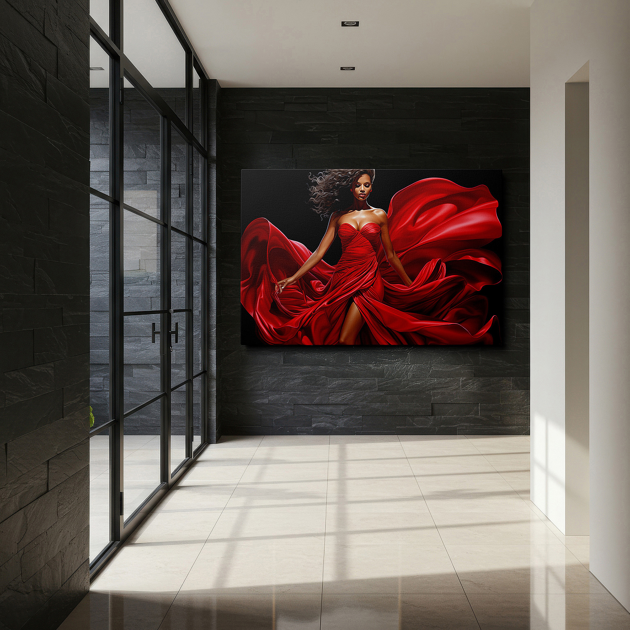 Back view reveals professional finishing and solid wood frame — vibrant lady in red: emblem of passion and strength - oversized wall art for office, bedroom, and living room decor