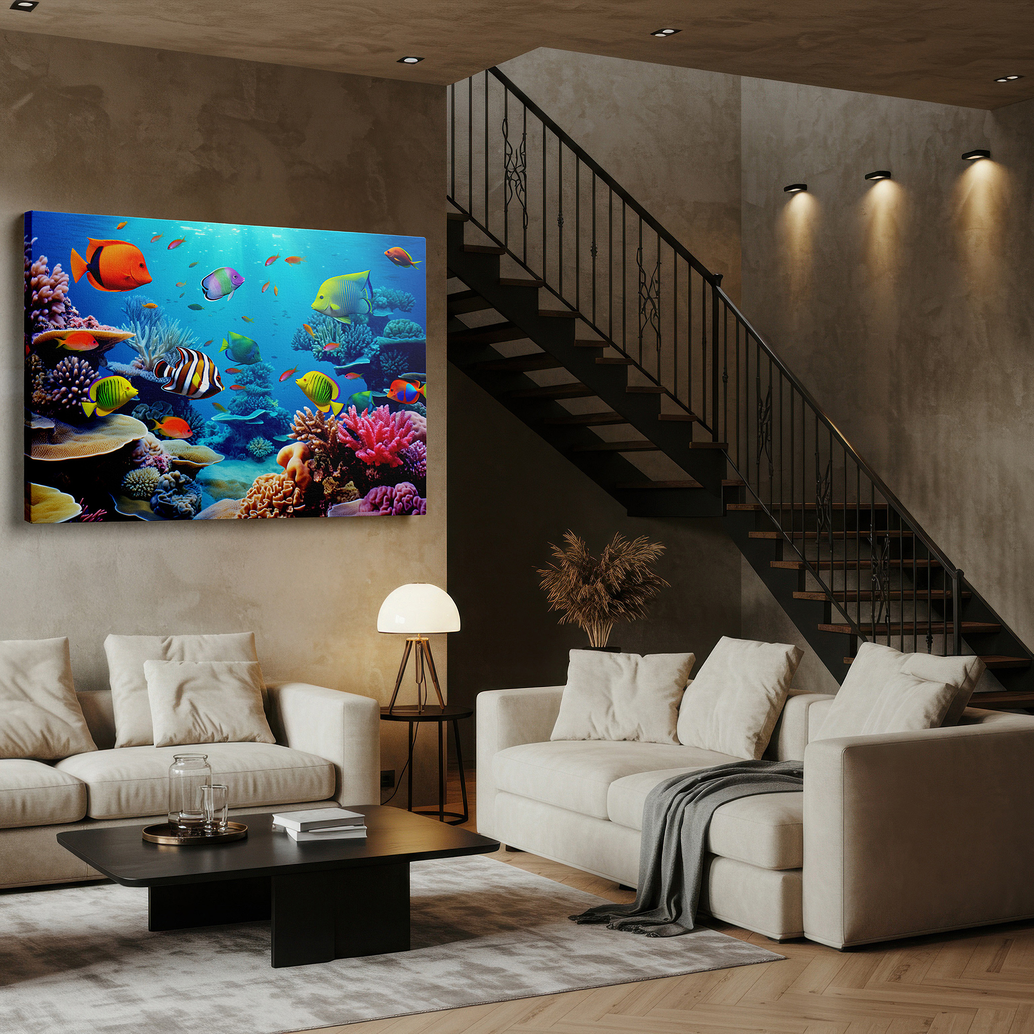 Back view reveals professional finishing and solid wood frame — vibrant underwater paradise featuring coral reefs and tropical fish - large canvas wall art for office, bedroom, and living room decor