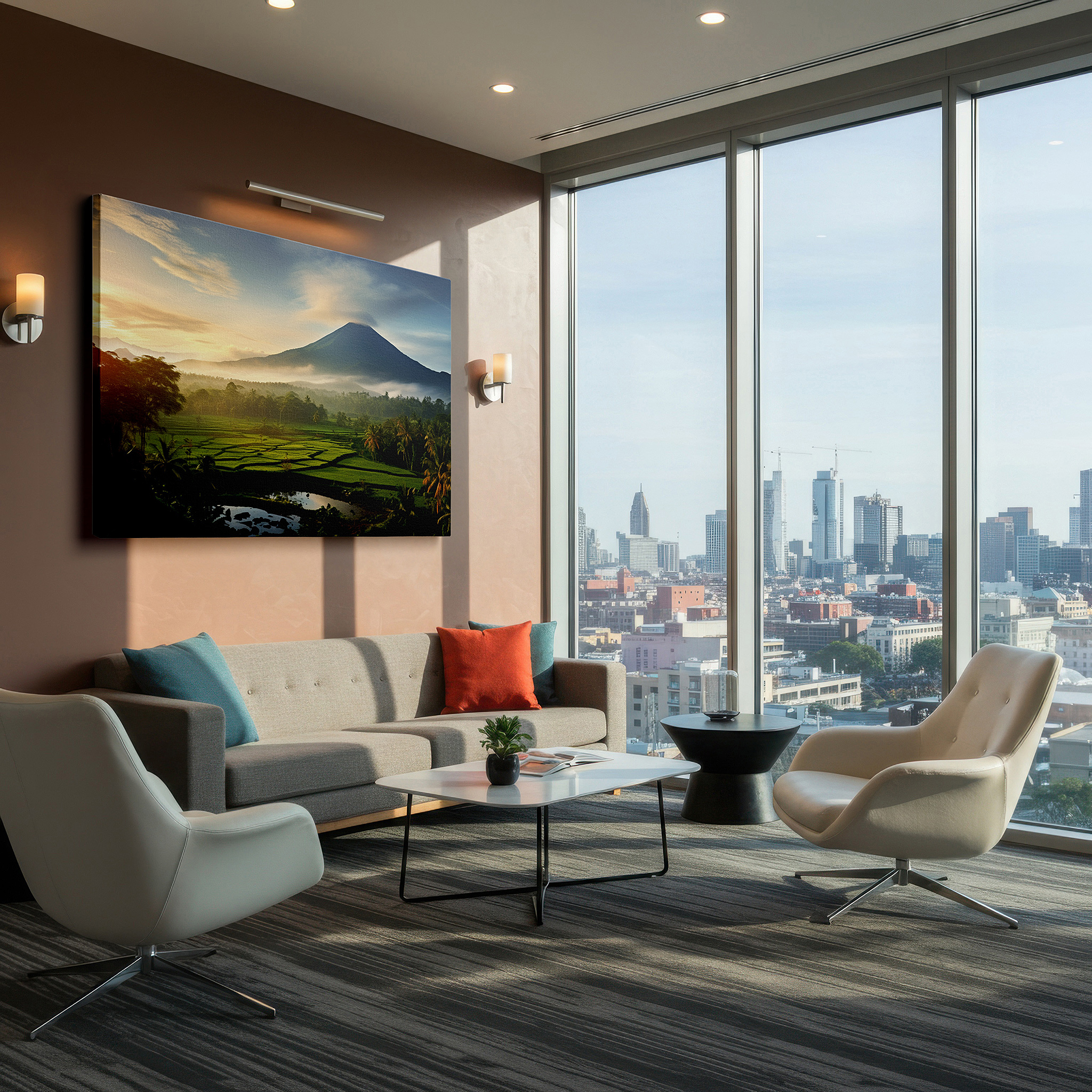 Back view reveals professional finishing and solid wood frame — volcanic dawn majesty: lush landscapes and golden light large canvas wall art for home and office decor