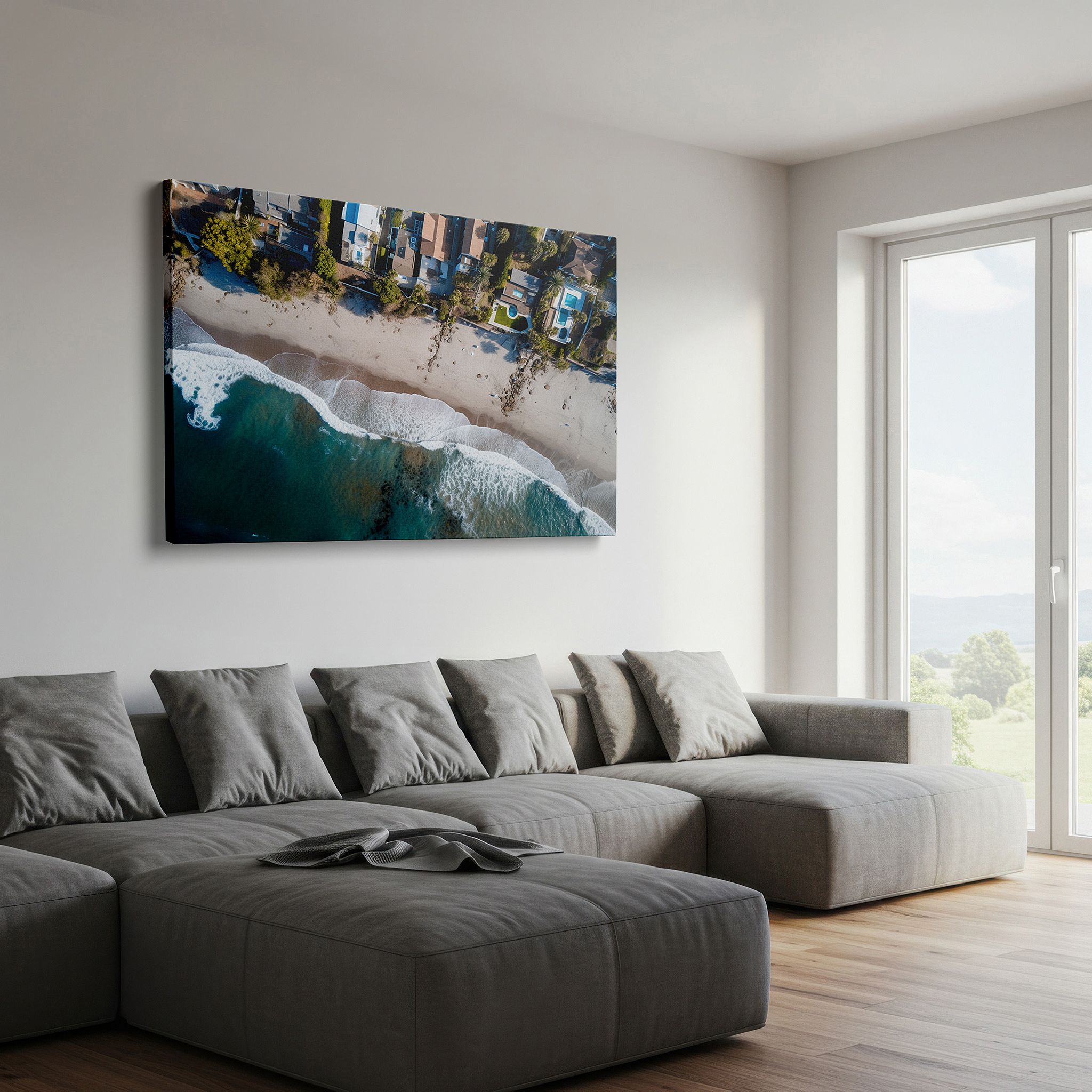 Back view reveals professional finishing and solid wood frame — wall art: aerial view of tranquil beach and coastal homes - serene seascape for peaceful living, large canvas wall art decor for office