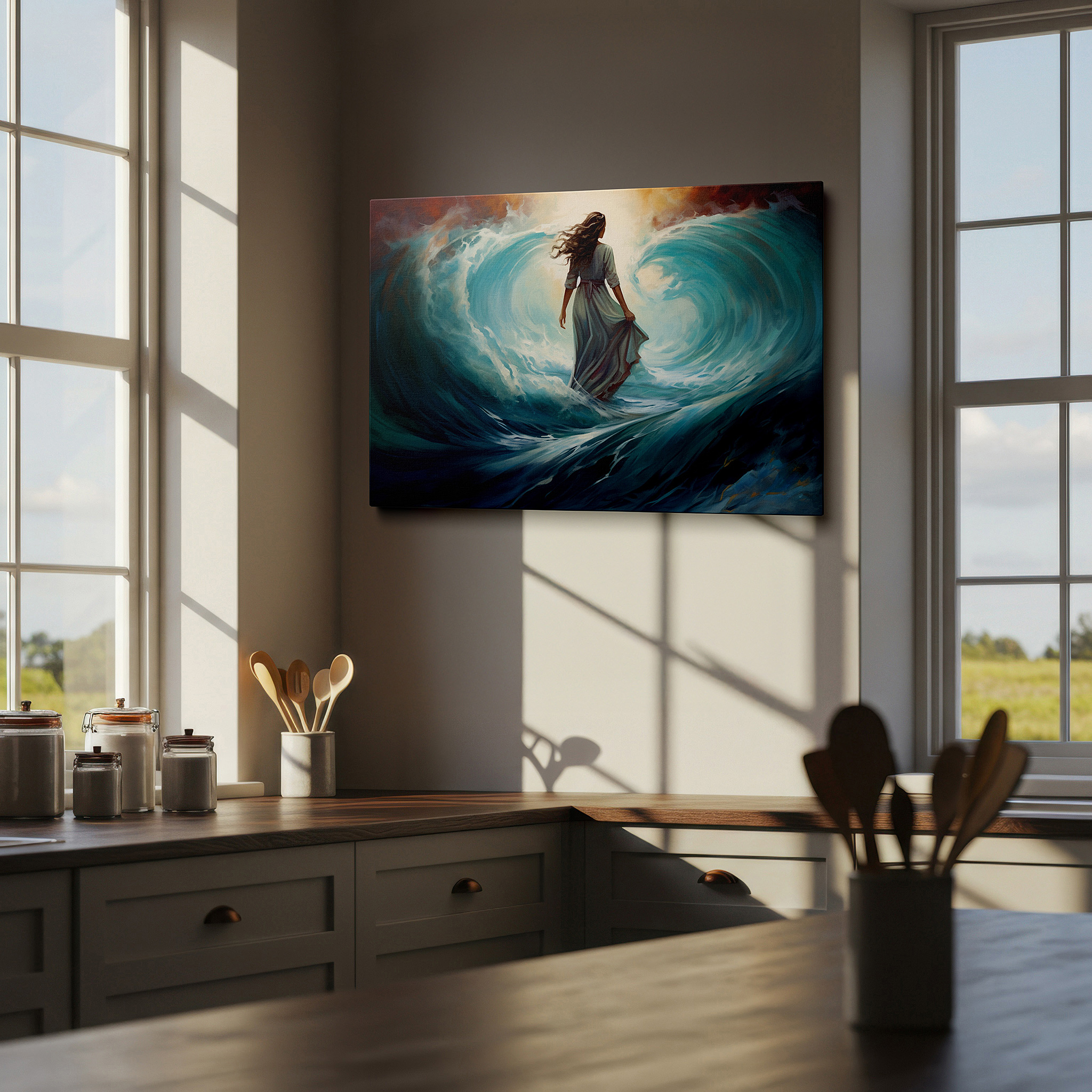 Back view reveals professional finishing and solid wood frame — wall art: human resilience amidst nature's grandeur - a timeless dance of waves and will. large canvas wall art for office and bedroom decor