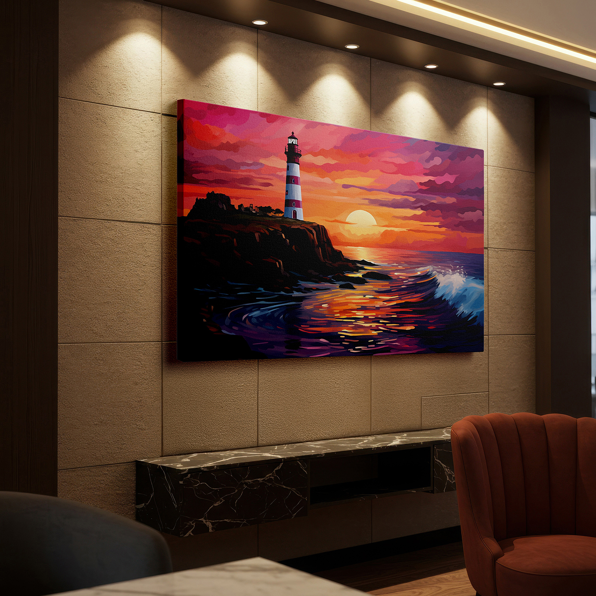 Back view reveals professional finishing and solid wood frame — wall art: majestic lighthouse at sunset - a beacon of hope against a vibrant sky. large canvas wall art for office and bedroom decor.