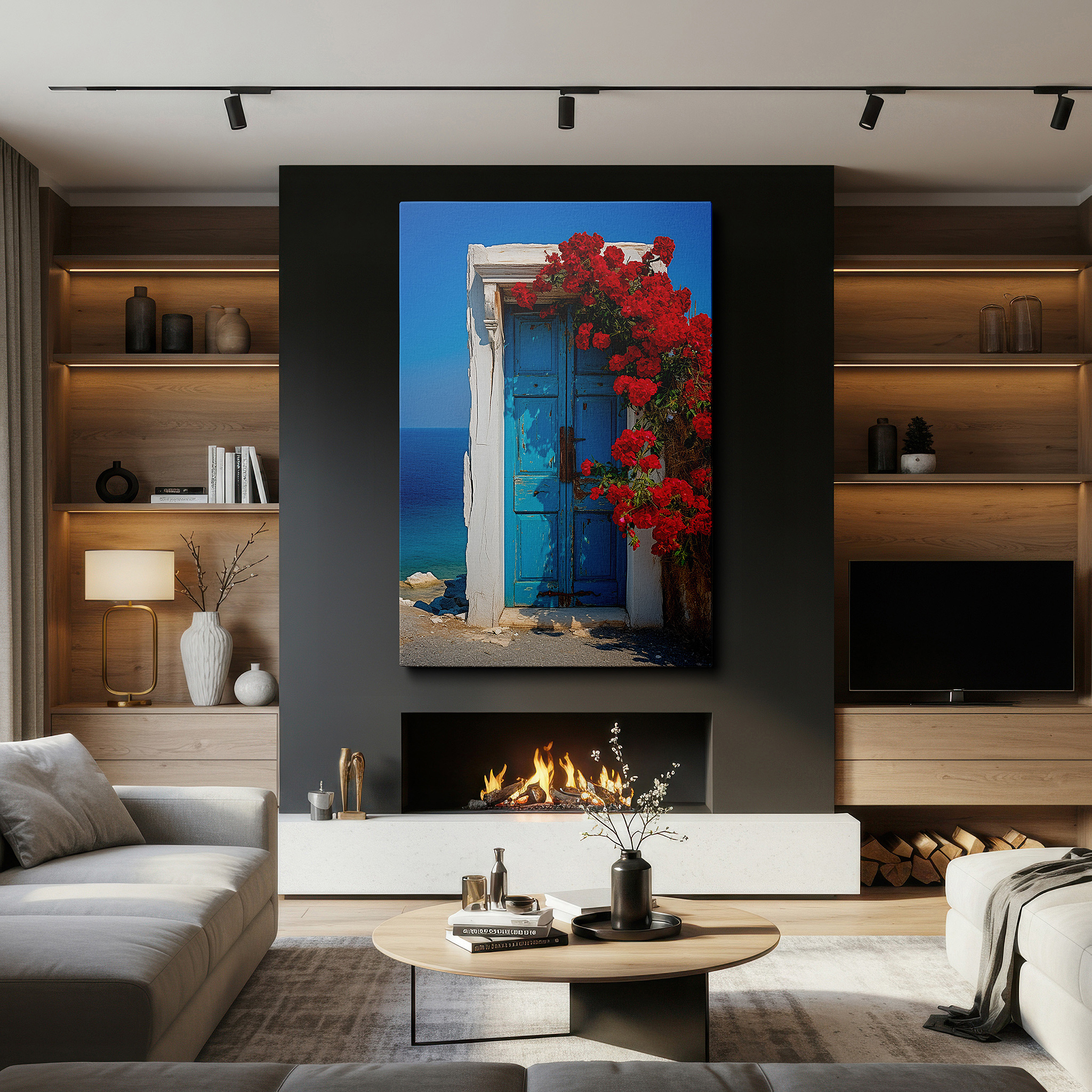 Back view reveals professional finishing and solid wood frame — wall art: serene coastal landscape featuring a bright blue door and red flowers - large canvas wall art for office, bedroom, and living room decor