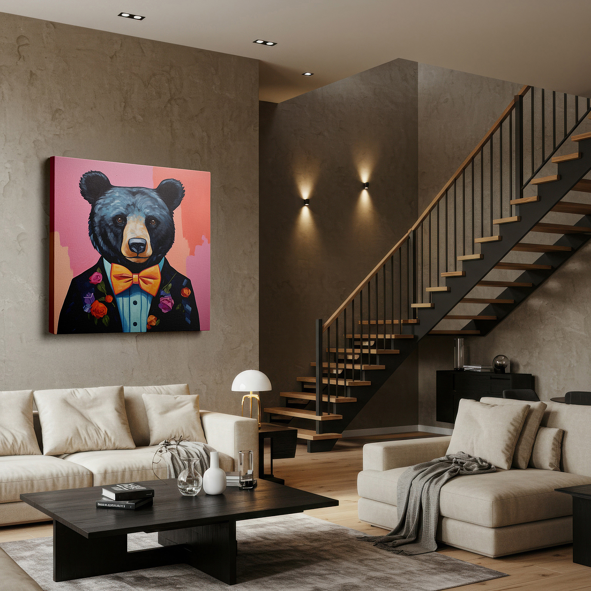 Back view reveals professional finishing and solid wood frame — wall art: stylish bear in elegant attire with floral designs - perfect for home and office decor, available as large canvas wall art for bedrooms and other spaces.