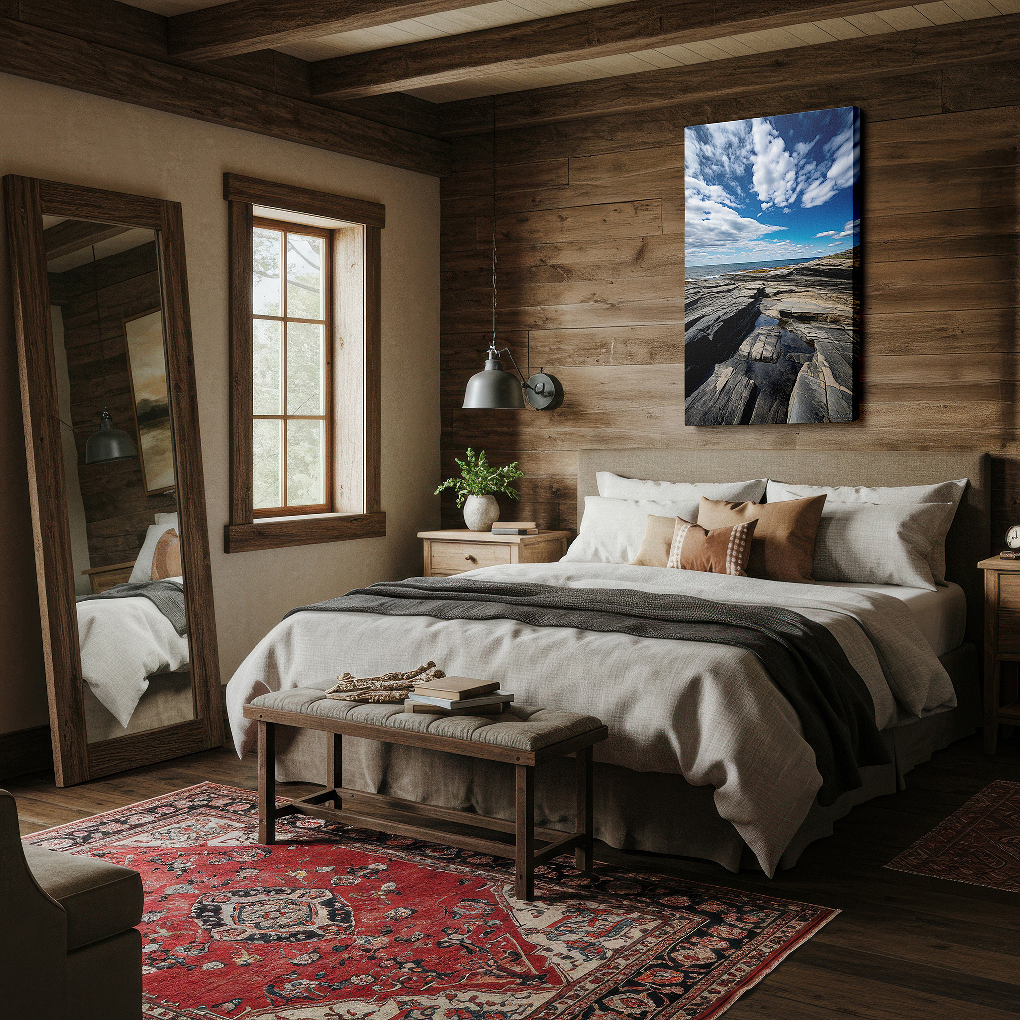 Back view reveals professional finishing and solid wood frame — wall art: "timeless dance of earth and sky" - panoramic rugged coastline and moody clouds, large canvas wall art for home and office decor