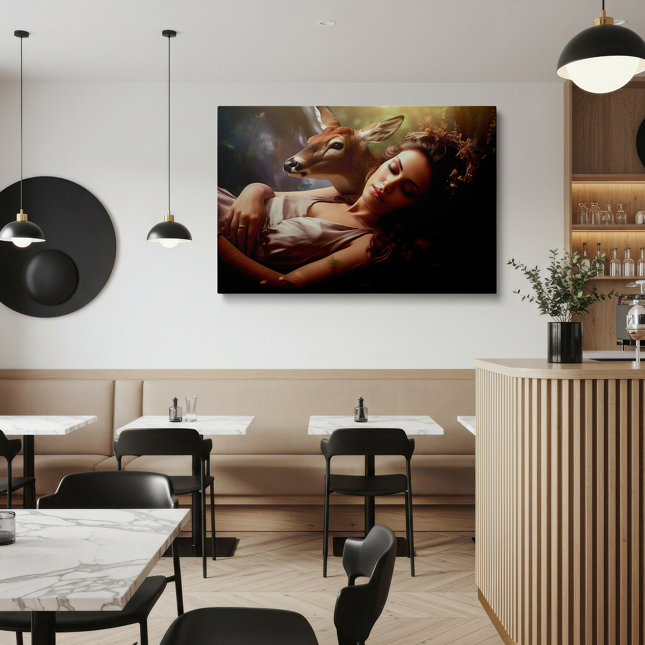 Back view reveals professional finishing and solid wood frame — wall art: tranquil scene of a young woman and deer in peaceful embrace - large canvas wall art for home and office decor, perfect for bedroom walls