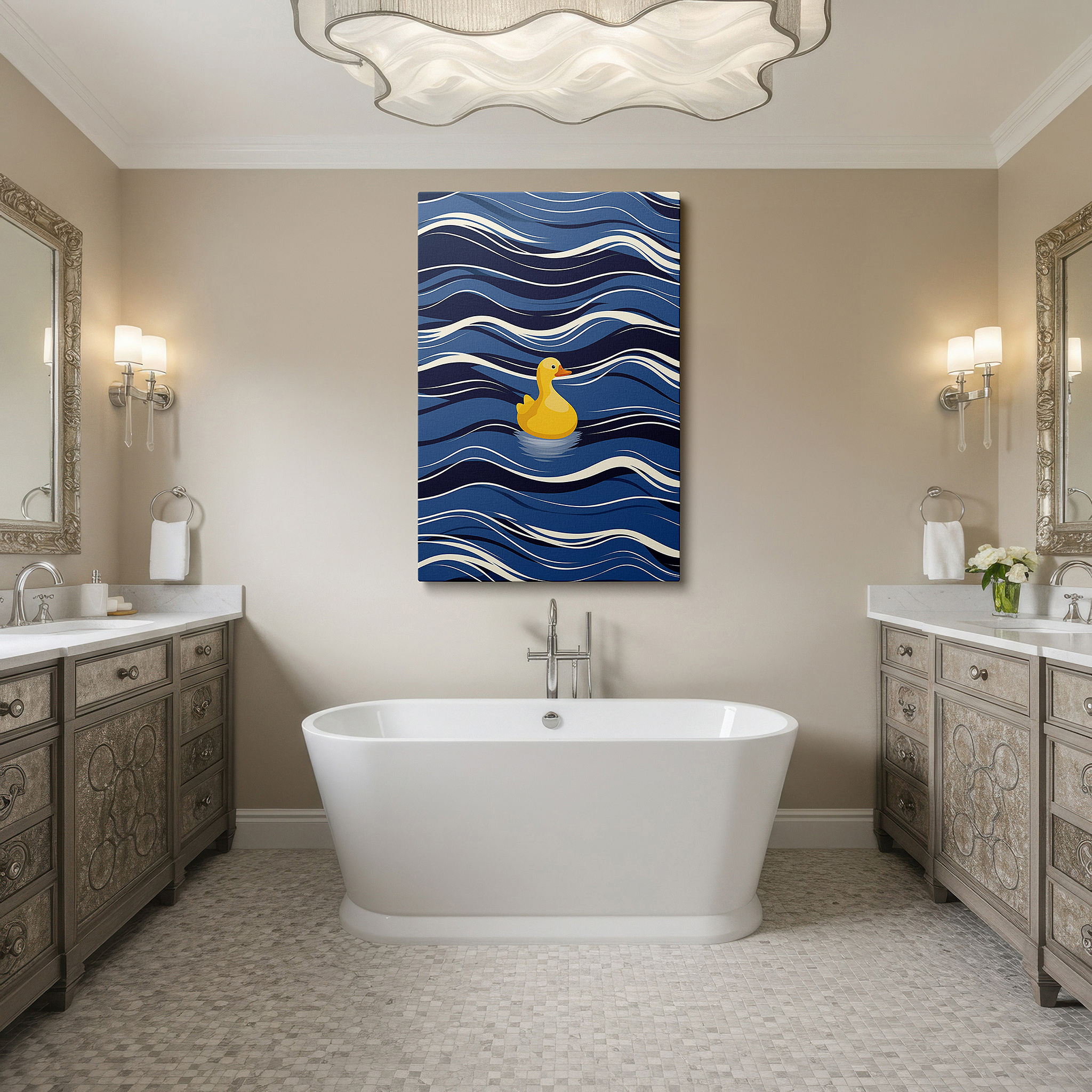 Back view reveals professional finishing and solid wood frame — yellow duck serenely floating on artistic blue waves, symbolizing joy and tranquility, large canvas wall art for office decor