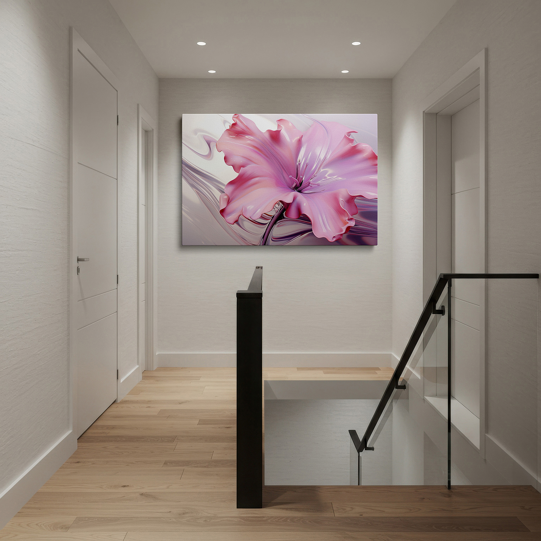 Balanced between two tall indoor plants near a window — 3d pink flower sculpture masterpiece, vibrant nature-inspired glossy finish for modern interiors, large canvas wall art decor