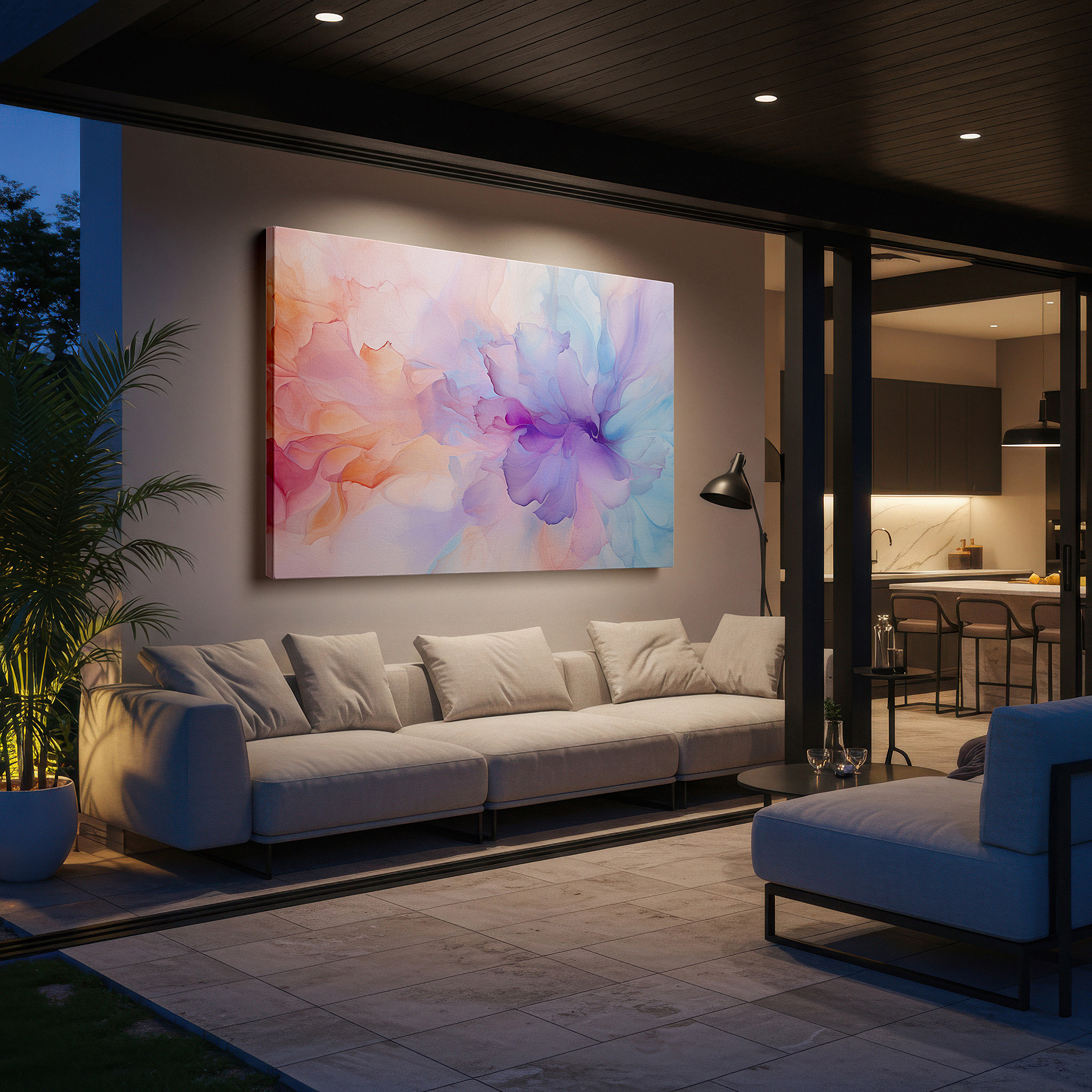 Balanced between two tall indoor plants near a window — abstract dreamy floral canvas with vibrant pastels and calming shapes, ideal for large wall decor in offices or bedrooms