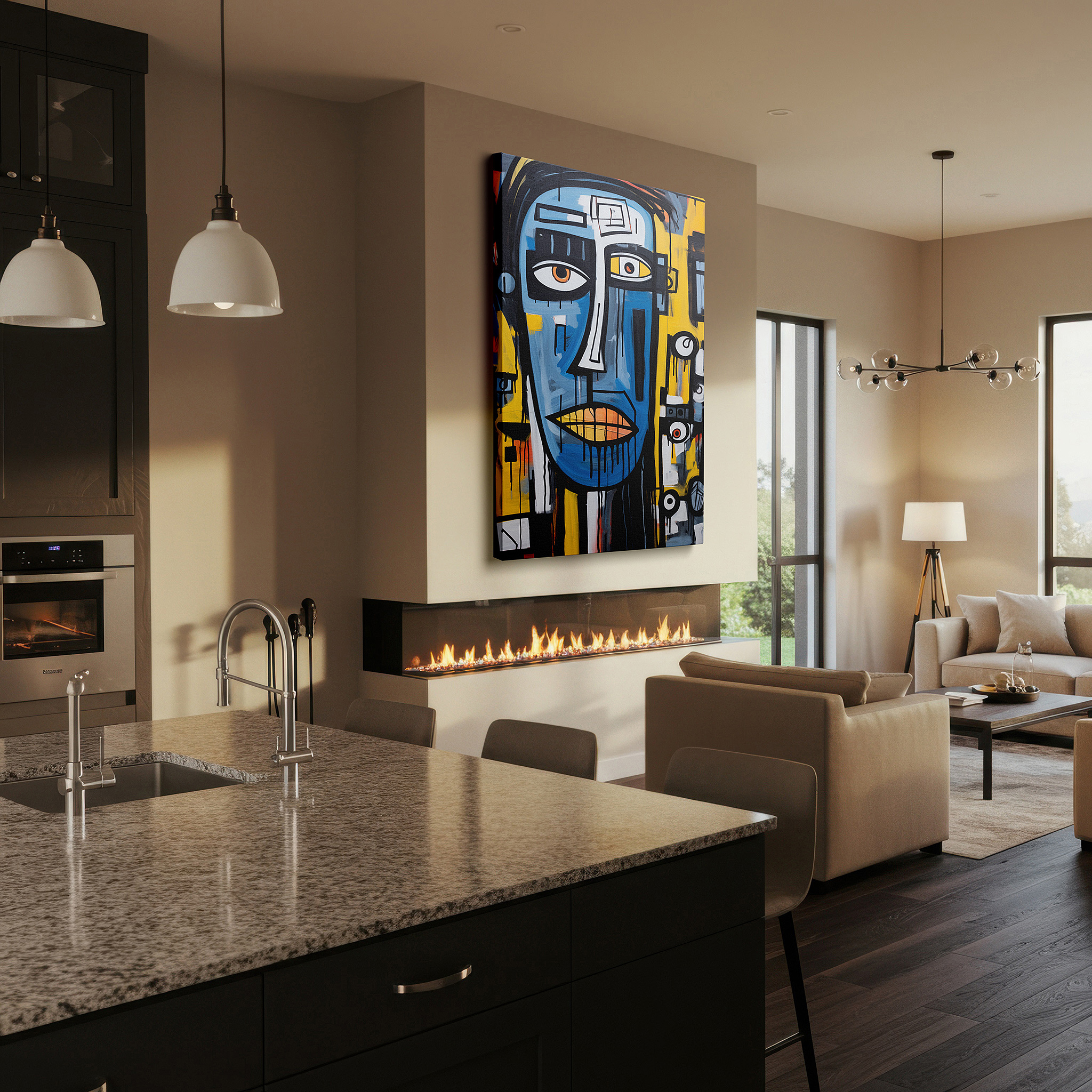 Balanced between two tall indoor plants near a window — abstract expressionism: a bold emotional journey through blue and yellow, large canvas wall art