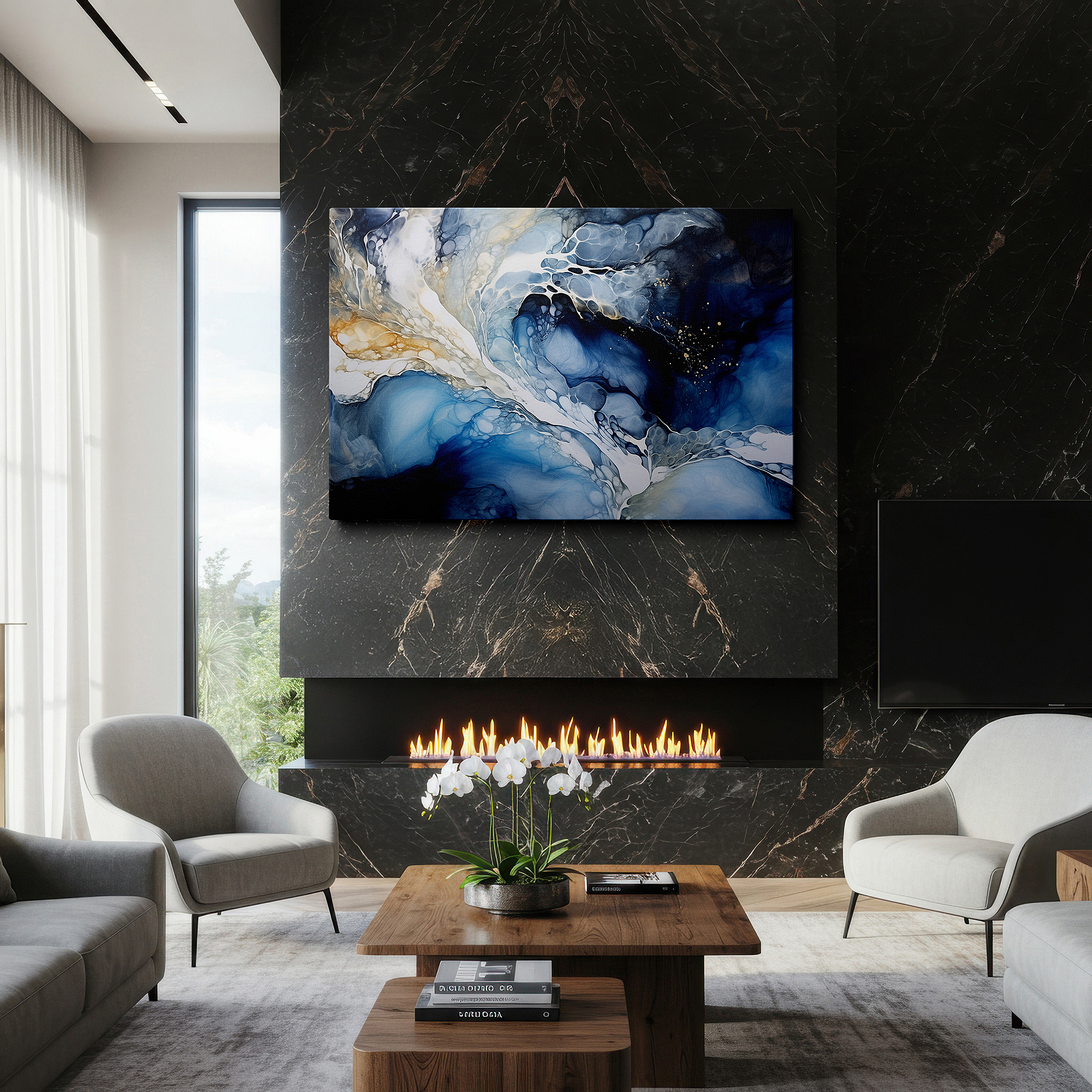 Balanced between two tall indoor plants near a window — abstract harmony: tranquil hues and fluid lines large wall art, canvas wall art, decor for office, bedroom, and living room