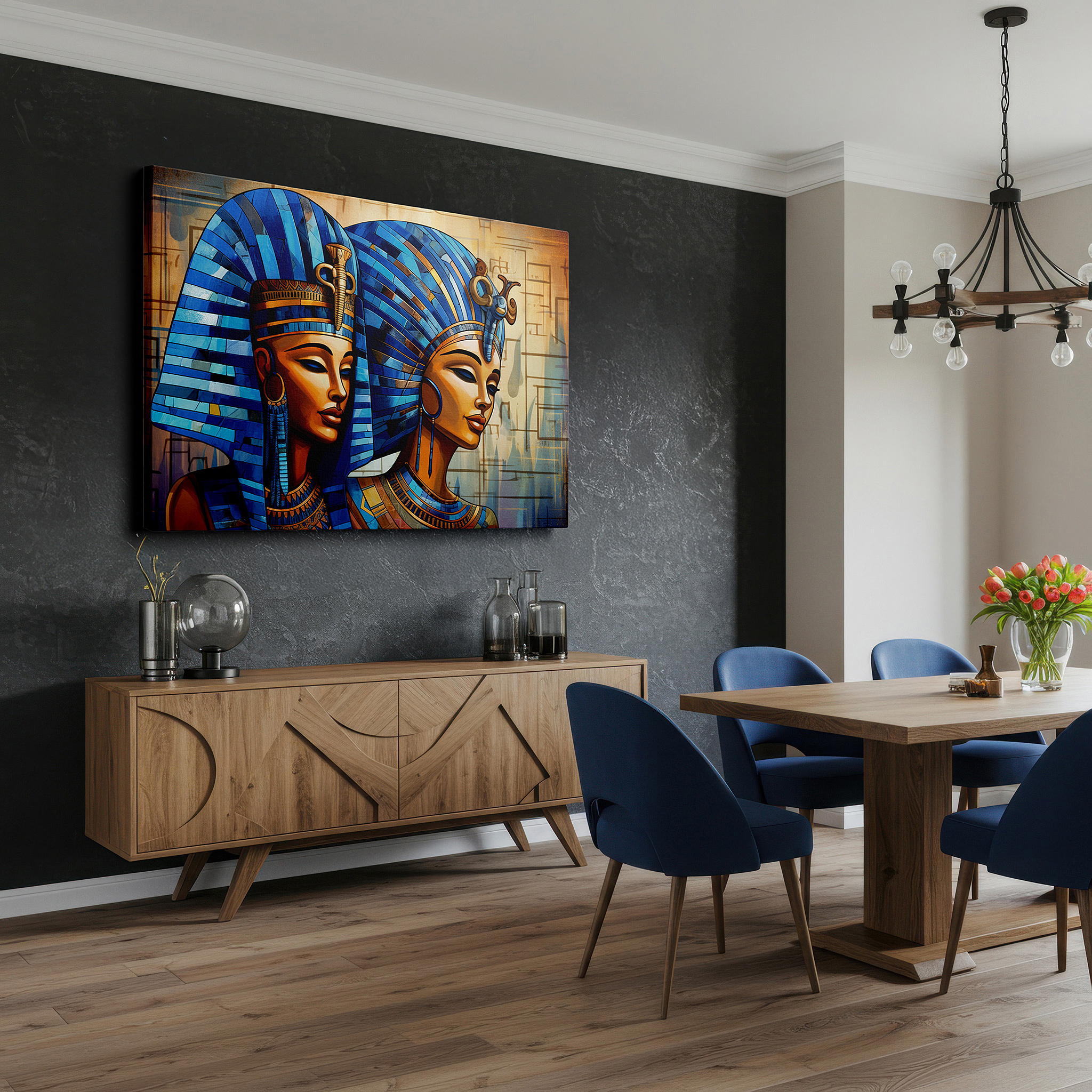 Balanced between two tall indoor plants near a window — ancient egyptian queens in blue headdresses and gold jewelry large wall art, canvas wall art, wall decor for office